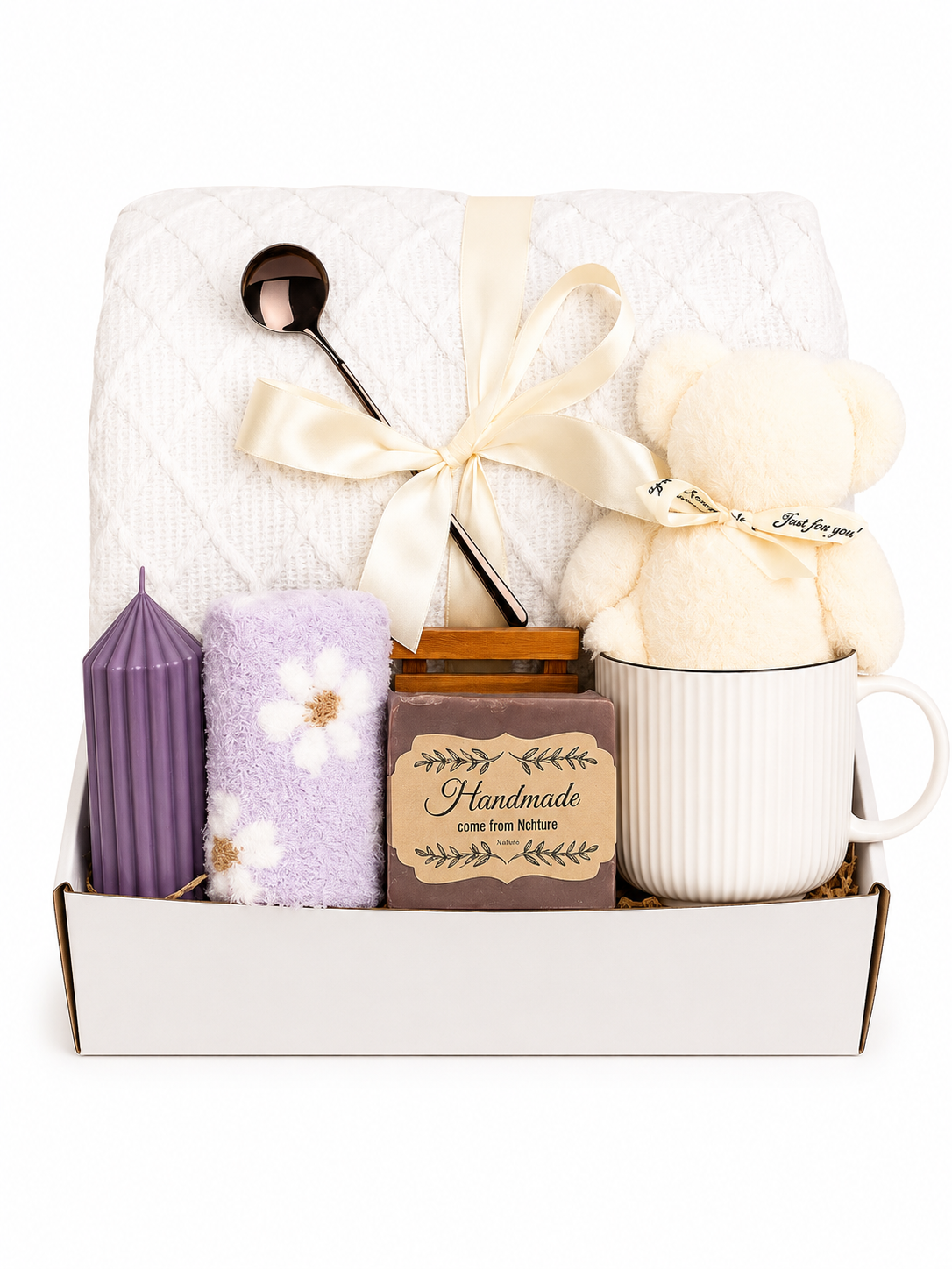 Christmas Cozy Spa Gift Box – Blanket Mug Crochet Bear Flower Soap