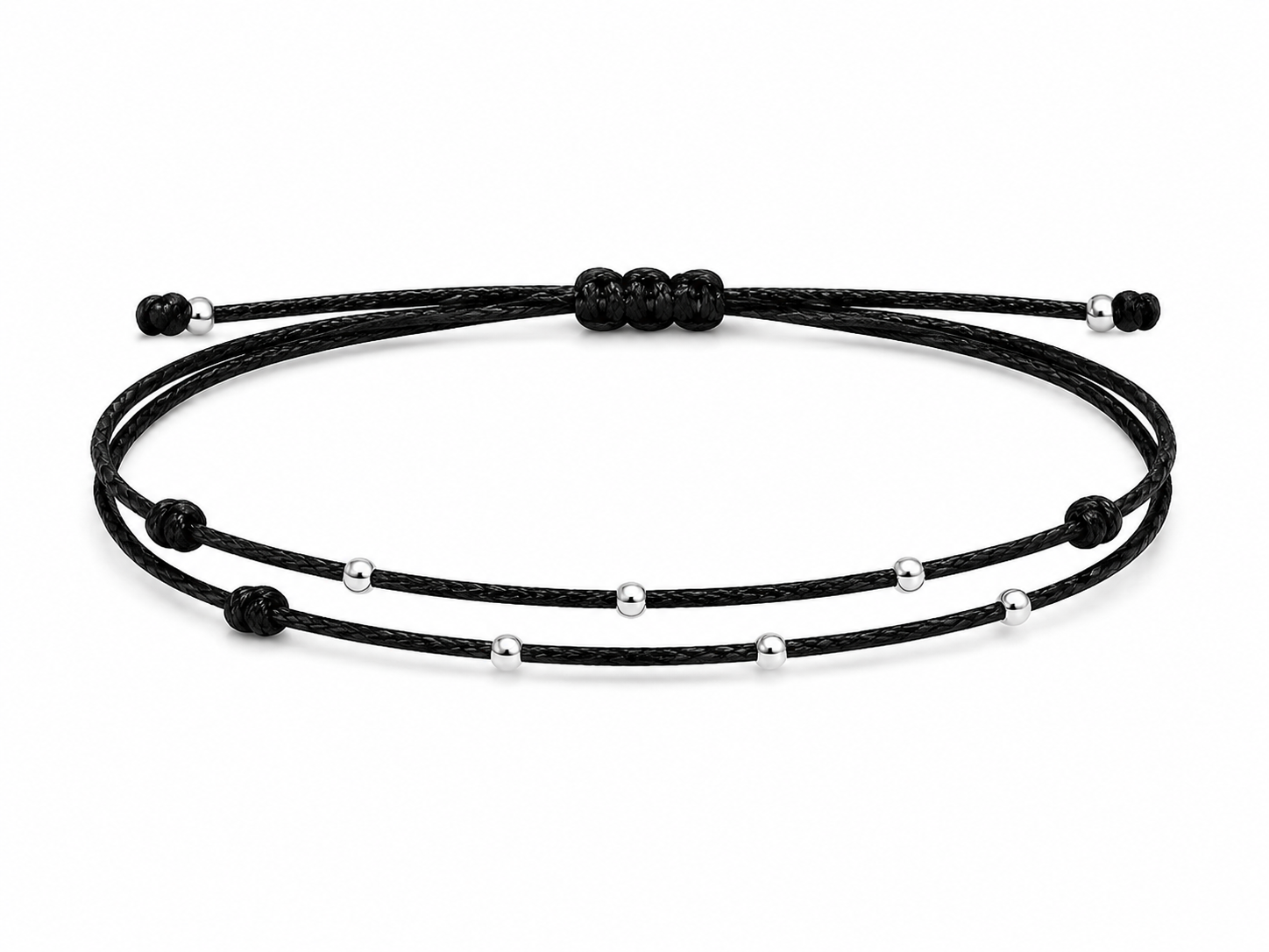 Minimalist Sterling Silver Bead Bracelet: Black Waxed Cord, Adjustable