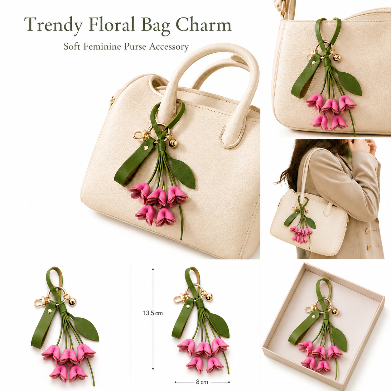 Trendy Floral Bag Charm for Purse Rose Madder Leather Flower