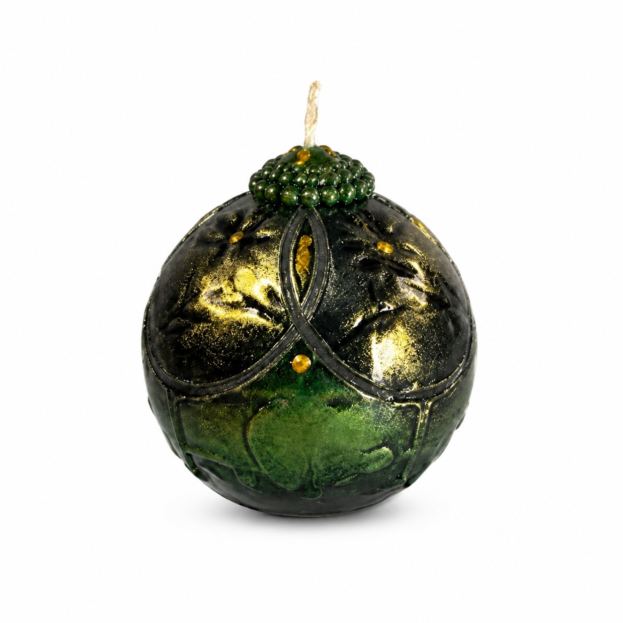 Emerald Green Candle with gold botanical detail on white background