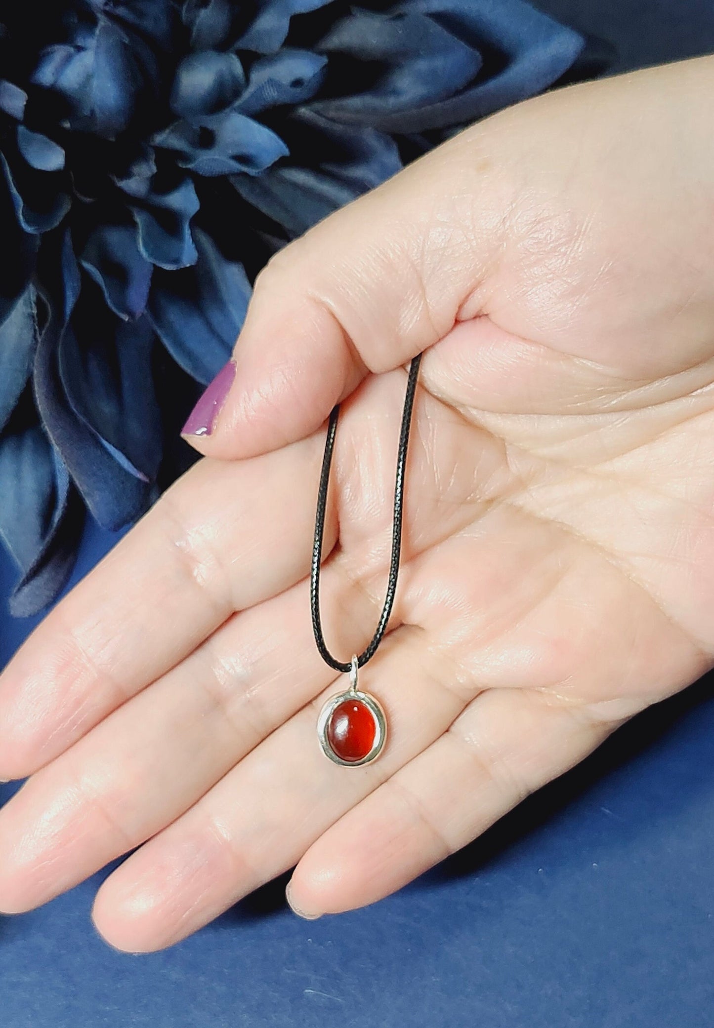 Carnelian necklace, Sterling silver, Oval carnelian, Carnelian pendant necklace, Black string necklace, Oval pendant, Black cord choker, Carnelian necklace, Waterproof Necklace,  Adjustable length
