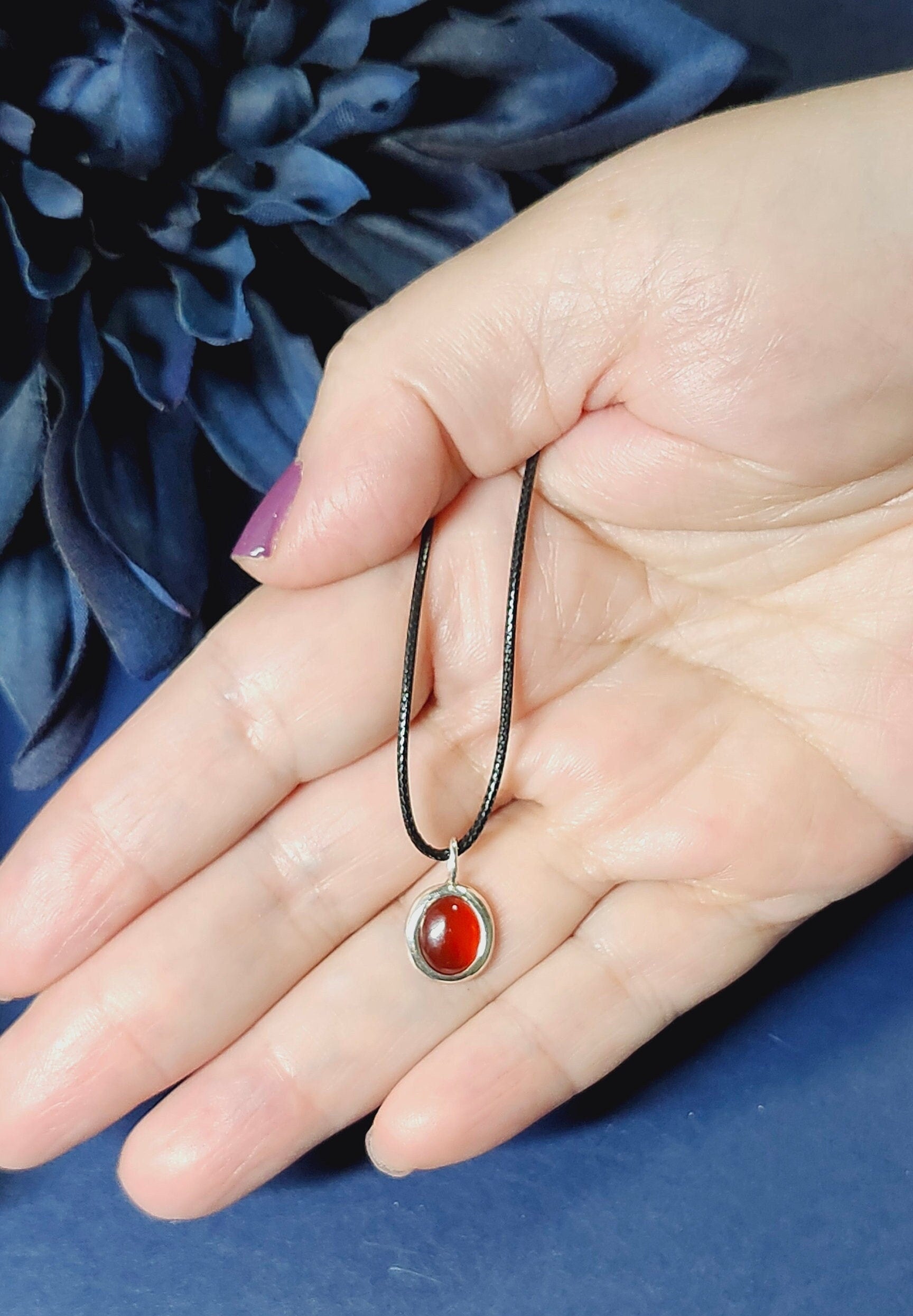 Carnelian necklace, Sterling silver, Oval carnelian, Carnelian pendant necklace, Black string necklace, Oval pendant, Black cord choker, Carnelian necklace, Waterproof Necklace,  Adjustable length