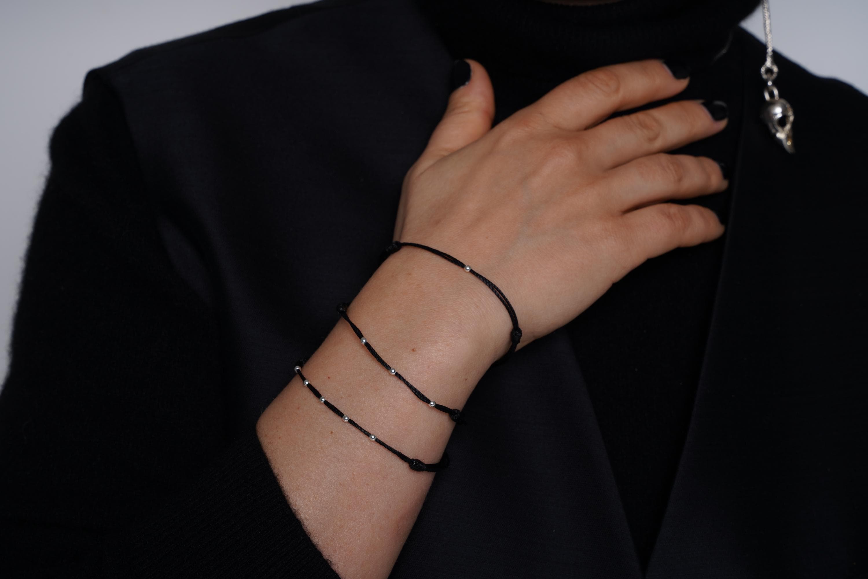 Minimalist Sterling Silver Bead Bracelet: Black Waxed Cord, Adjustable