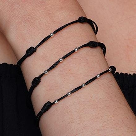Minimalist Sterling Silver Bead Bracelet: Black Waxed Cord, Adjustable