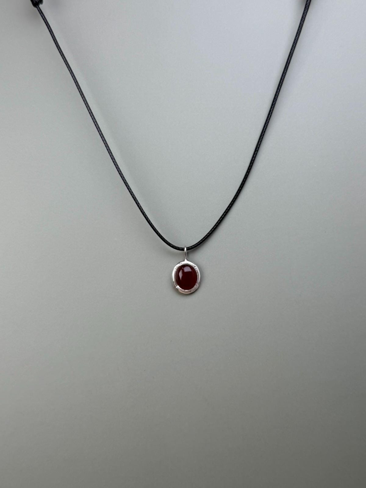 Carnelian necklace, Sterling silver, Oval carnelian, Carnelian pendant necklace, Black string necklace, Oval pendant, Black cord choker, Carnelian necklace, Waterproof Necklace,  Adjustable length