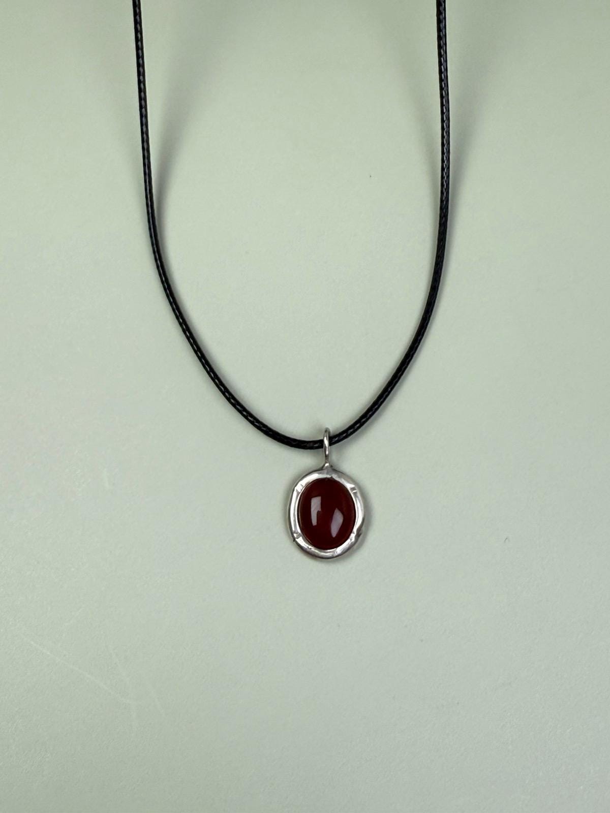 Carnelian necklace, Sterling silver, Oval carnelian, Carnelian pendant necklace, Black string necklace, Oval pendant, Black cord choker, Carnelian necklace, Waterproof Necklace,  Adjustable length
