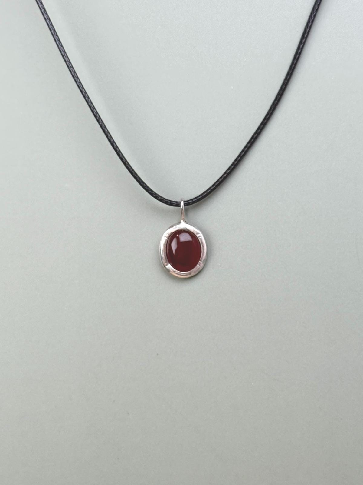 Carnelian necklace, Sterling silver, Oval carnelian, Carnelian pendant necklace, Black string necklace, Oval pendant, Black cord choker, Carnelian necklace, Waterproof Necklace,  Adjustable length