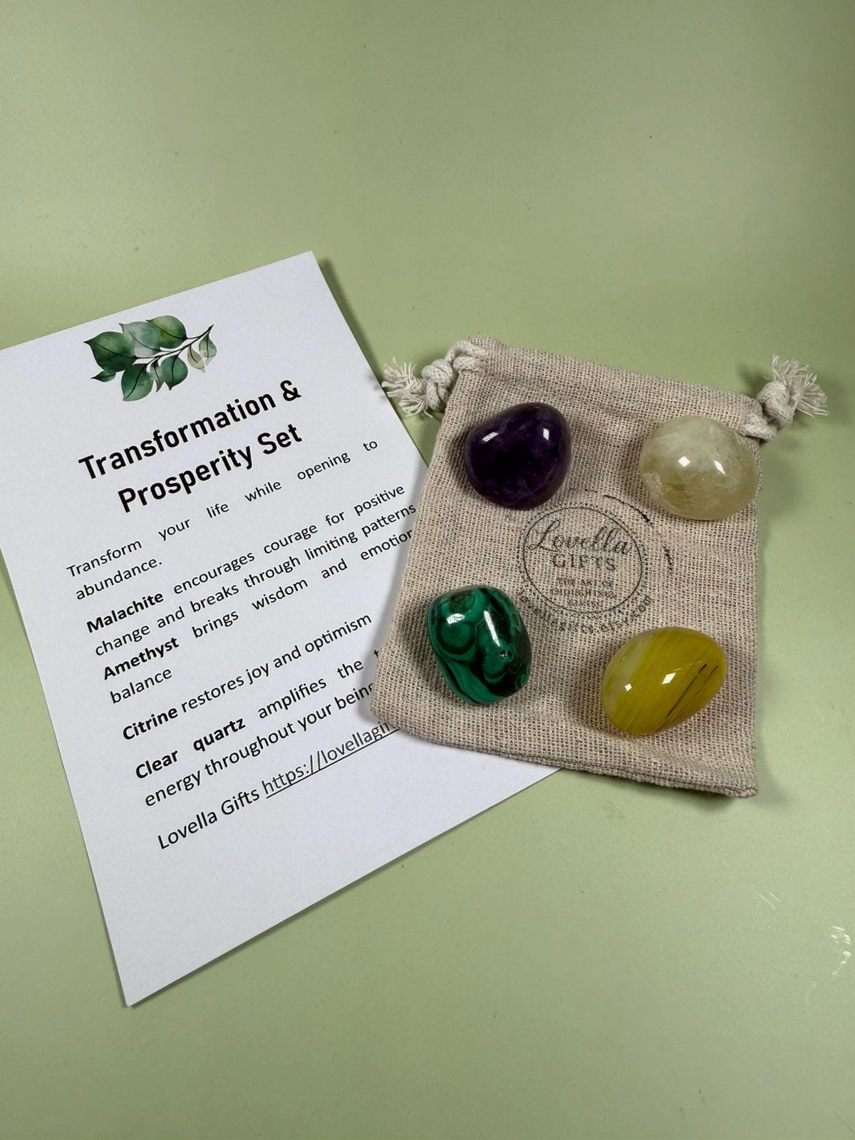 Prosperity Crystals Crystal Gift Set Manifest Money Meditation Aid Citrine Amethyst Malachite Clear Quartz New Job New Beginning Pocket Hug