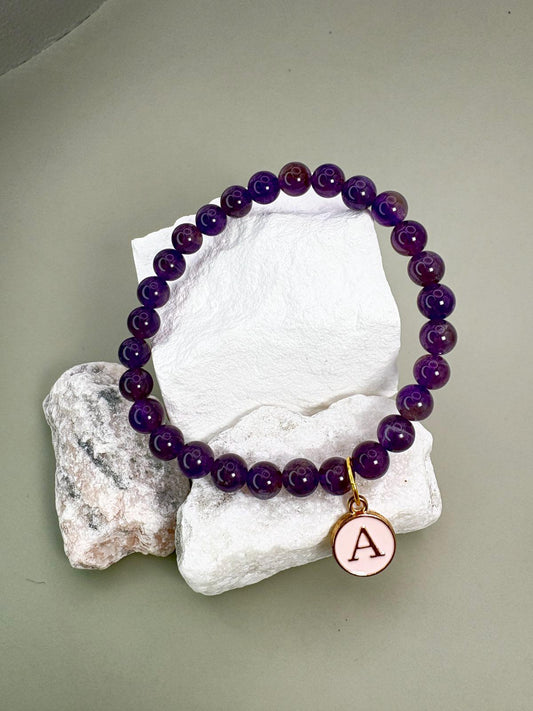 Initial Bracelet, Charm Bracelet, Personalized Bracelet, Bracelet For Women, Amethyst Jewelry, Beaded Bracelet, Friendship Bracelet, Mothers Bracelet, Daughter Bracelet, 30th birthday Gift