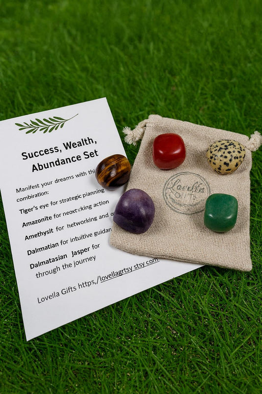 Prosperity crystals: Manifest Money Meditation Aid with Tiger Eye, Carnelian, Amazonite & Amethyst crystal gift set Crystal Gift