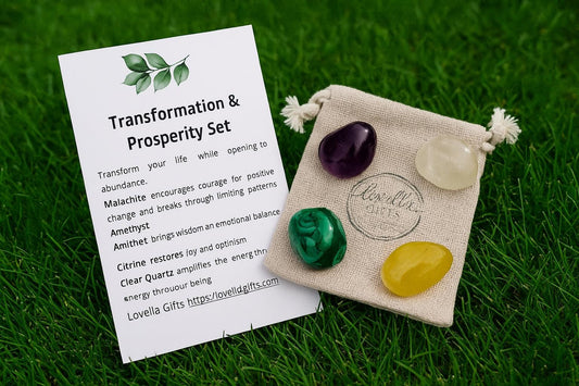 Prosperity Crystals Crystal Gift Set Manifest Money Meditation Aid Citrine Amethyst Malachite Clear Quartz New Job New Beginning Pocket Hug
