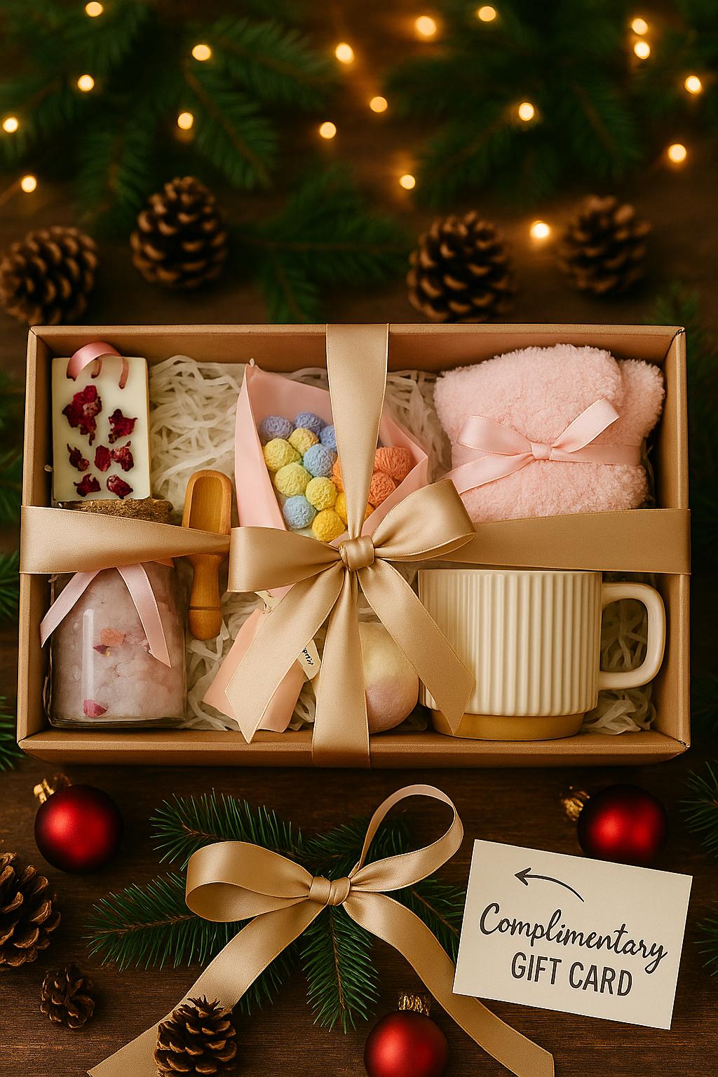 Gift box with various items including a mug, bath bombs, and a candle, surrounded by Christmas decorations.