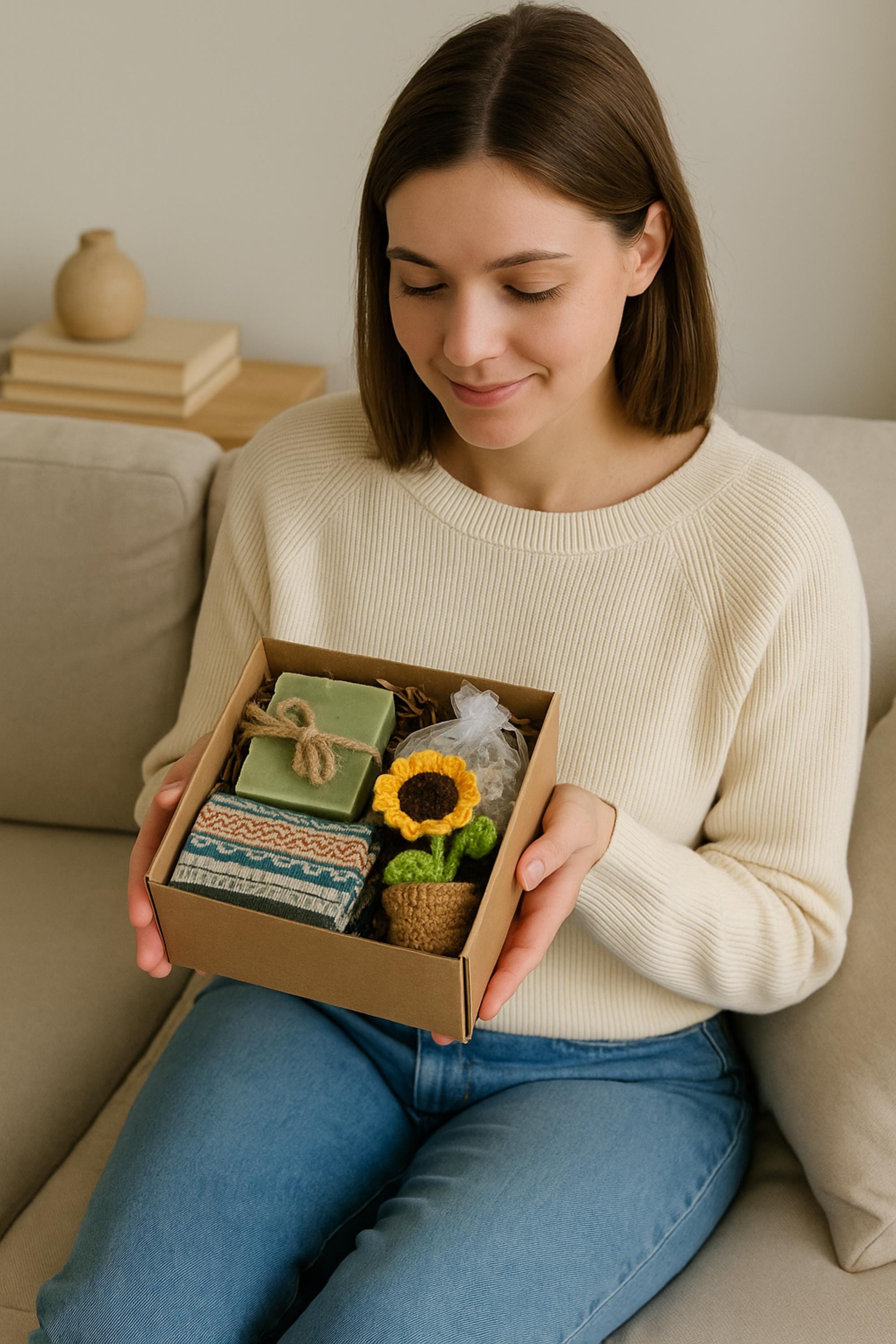 Hug in a Box Gift with Handmade Soap, Socks and Bath Salt, Self Care Package, Spa Gift Set for Her, Thinking of You