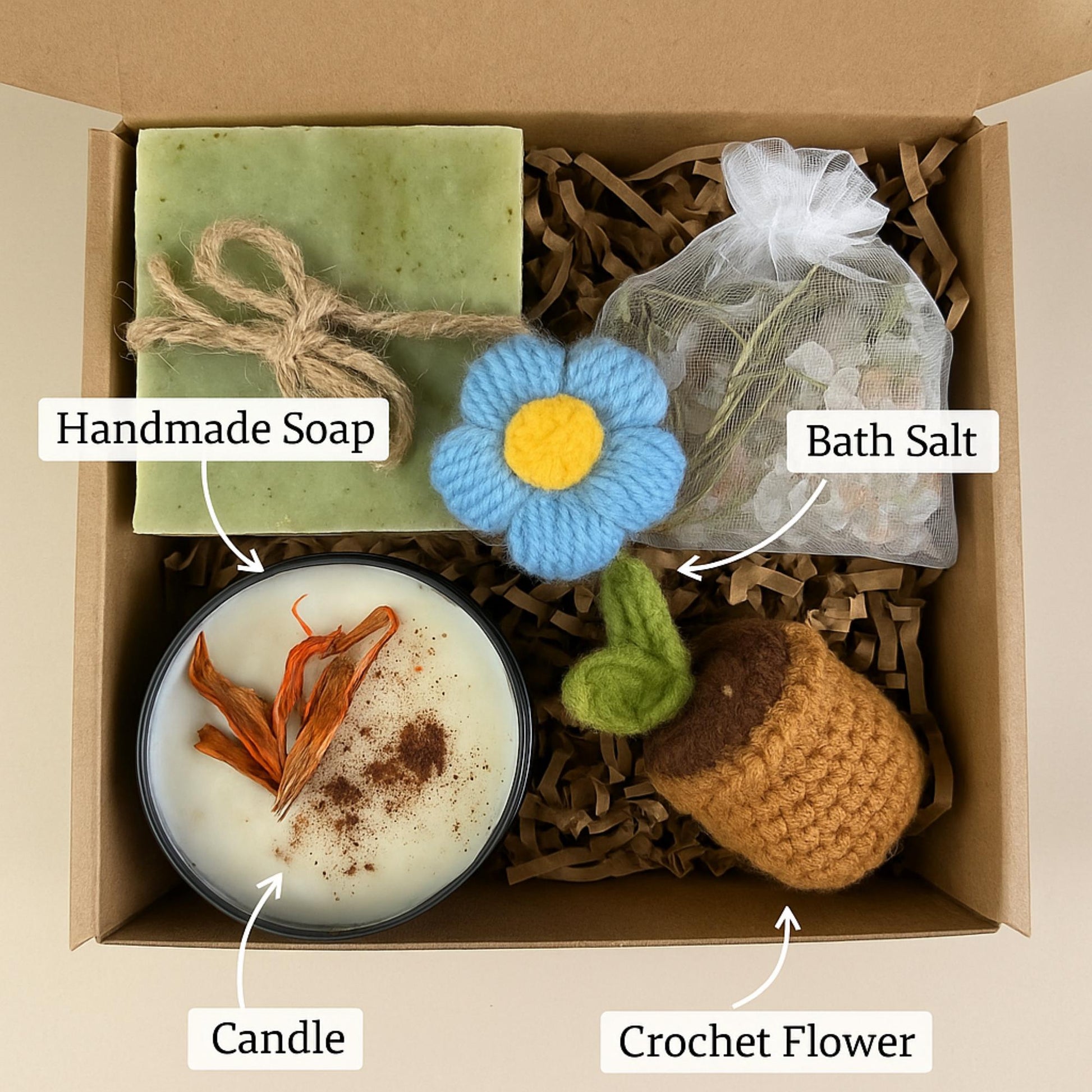 Cozy Gift Box, Hug in a Box, Handmade Soap Gift, Cozy Socks Gift, Bath Salt Gift Box, Self Care Package, Affordable Gift Set, Small Gift Box, Handmade in Florida, Crochet Flower Gift, Comfort Care Package, Spa Gift Box, just because gift box, sunflower self care set, eco friendly spa gift, handmade soap and candle, sunflower surprise gift, natural spa box, small gift just because, cozy spa gift set