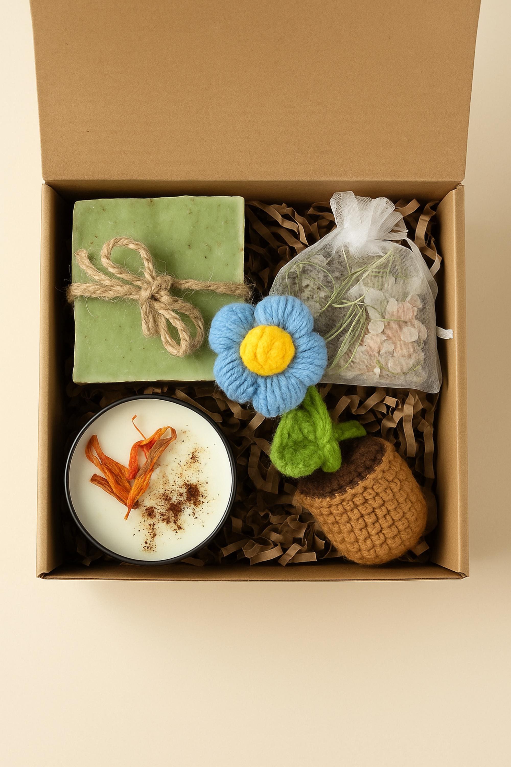 Cozy Gift Box, Hug in a Box, Handmade Soap Gift, Cozy Socks Gift, Bath Salt Gift Box, Self Care Package, Affordable Gift Set, Small Gift Box, Handmade in Florida, Crochet Flower Gift, Comfort Care Package, Spa Gift Box, just because gift box, sunflower self care set, eco friendly spa gift, handmade soap and candle, sunflower surprise gift, natural spa box, small gift just because, cozy spa gift set