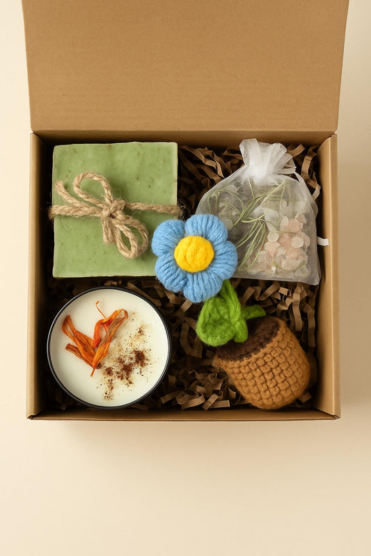 Cozy Gift Box, Hug in a Box, Handmade Soap Gift, Cozy Socks Gift, Bath Salt Gift Box, Self Care Package, Affordable Gift Set, Small Gift Box, Handmade in Florida, Crochet Flower Gift, Comfort Care Package, Spa Gift Box, just because gift box, sunflower self care set, eco friendly spa gift, handmade soap and candle, sunflower surprise gift, natural spa box, small gift just because, cozy spa gift set