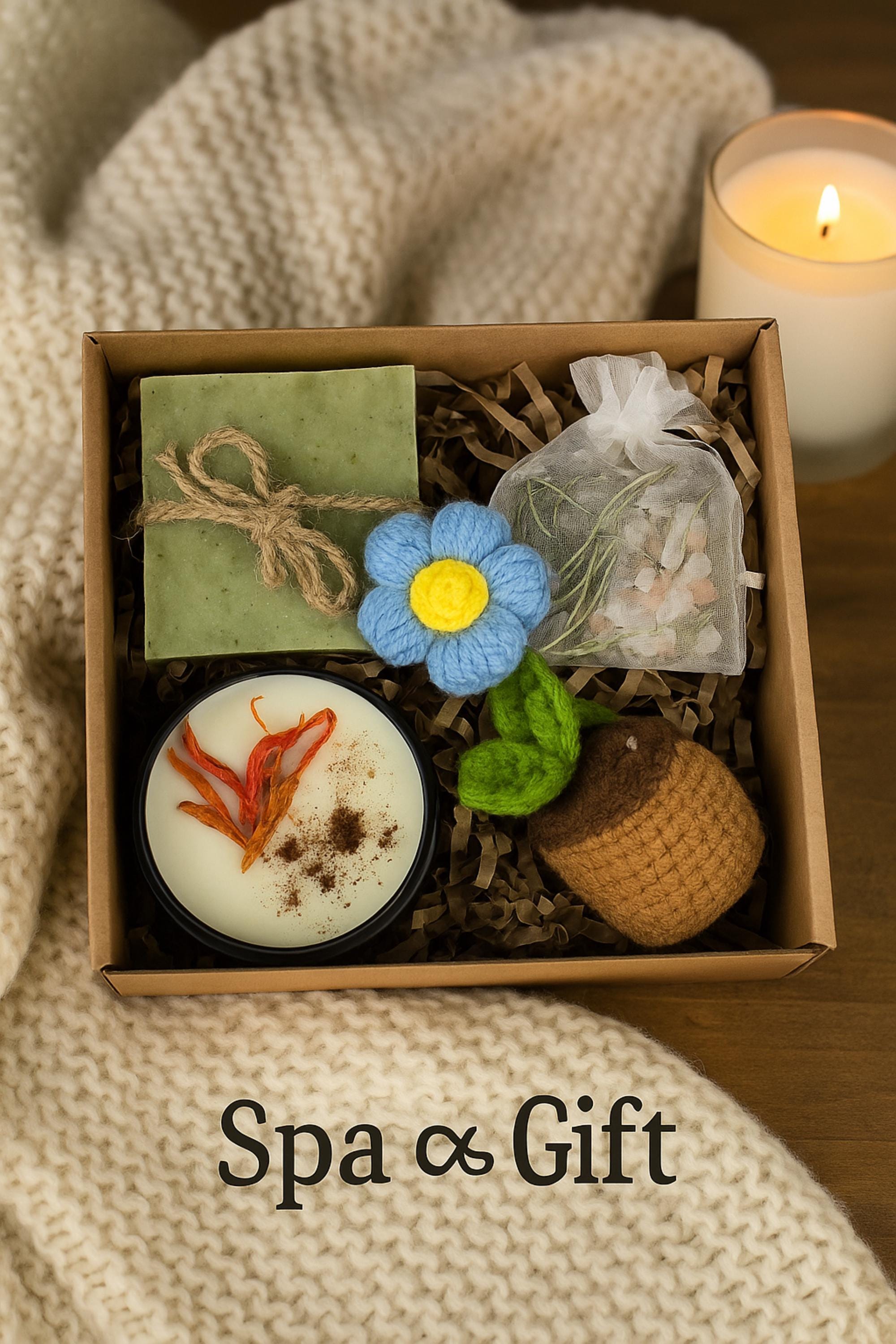 Thinking of You, Cheer Up Gift Box, Get Well Soon Gift, Encouragement Gift, Sympathy Gift, Cozy Gift Box, Hug in a Box, Self Care Gift, Comfort Gift, Healing Gift Set, Crochet Flower Pot, Care Package, relaxation gift box, stress relief spa gift, eco friendly self care, sunflower spa box, natural relaxation set, handmade candle gift, spa care package, stress relief gift her, calming spa gift box