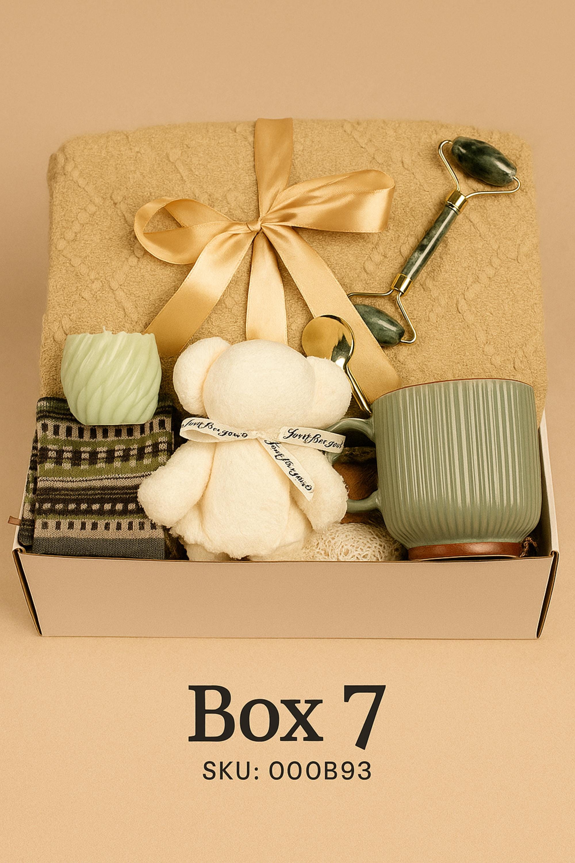 Get well soon gift box care package with cozy blanket, pink plush teddy in ceramic mug with gold spoon, handmade soap on wooden holder, soft socks and crochet flower. Thoughtful recovery gift basket for her designed to bring comfort and encouragement during healing, surgery recovery, illness or difficult days. Perfect thinking of you gift and comforting self care gift set for women.