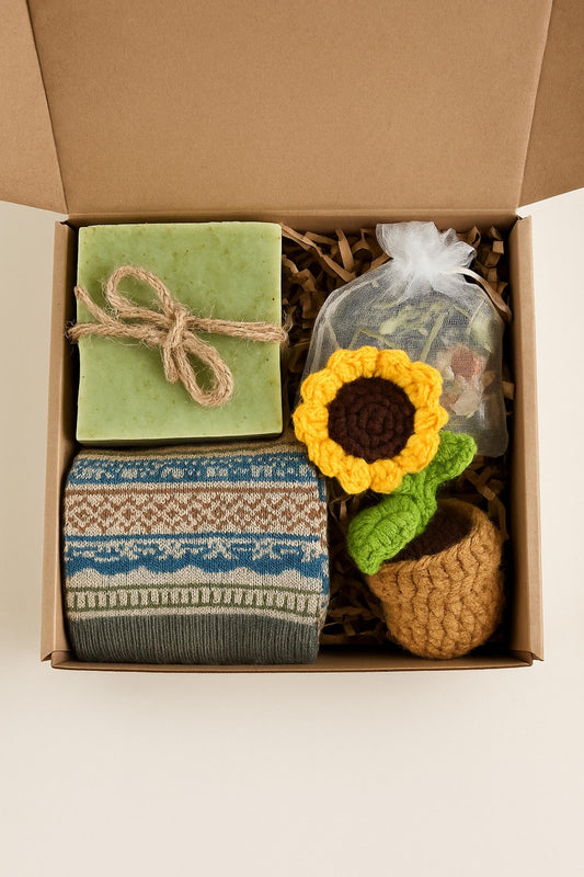 Hug in a Box Gift with Handmade Soap, Socks and Bath Salt, Self Care Package, Spa Gift Set for Her, Thinking of You