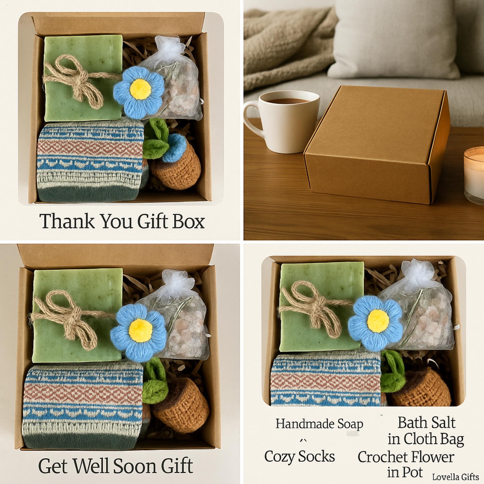 Cozy Gift Box, Hug in a Box, Handmade Soap Gift, Cozy Socks Gift, Bath Salt Gift Box, Self Care Package, Affordable Gift Set, Small Gift Box, Handmade in Florida, Crochet Flower Gift, Comfort Care Package, Spa Gift Box, Lovella Gifts