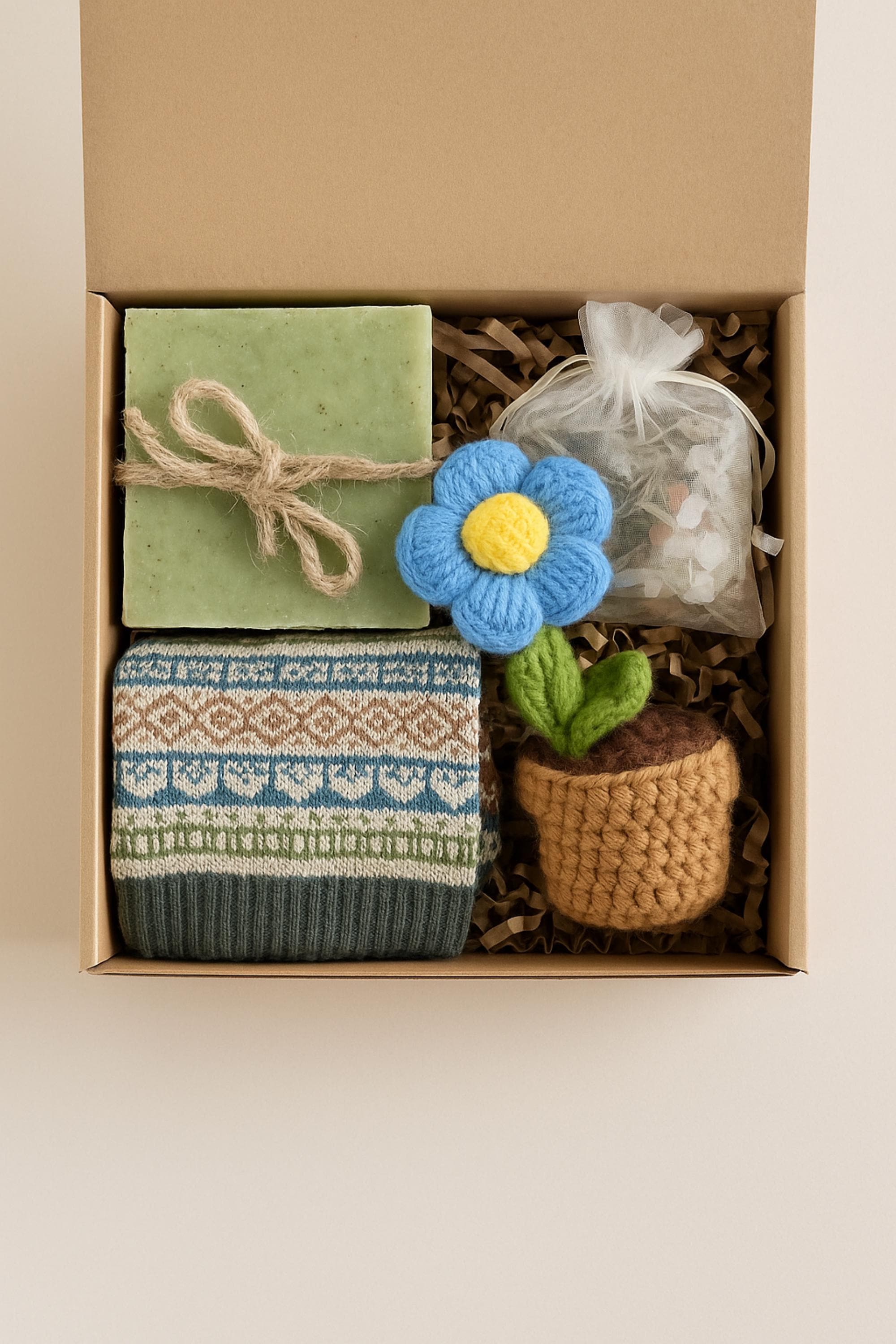 Cozy Gift Box, Hug in a Box, Handmade Soap Gift, Cozy Socks Gift, Bath Salt Gift Box, Self Care Package, Affordable Gift Set, Small Gift Box, Handmade in Florida, Crochet Flower Gift, Comfort Care Package, Spa Gift Box, Lovella Gifts