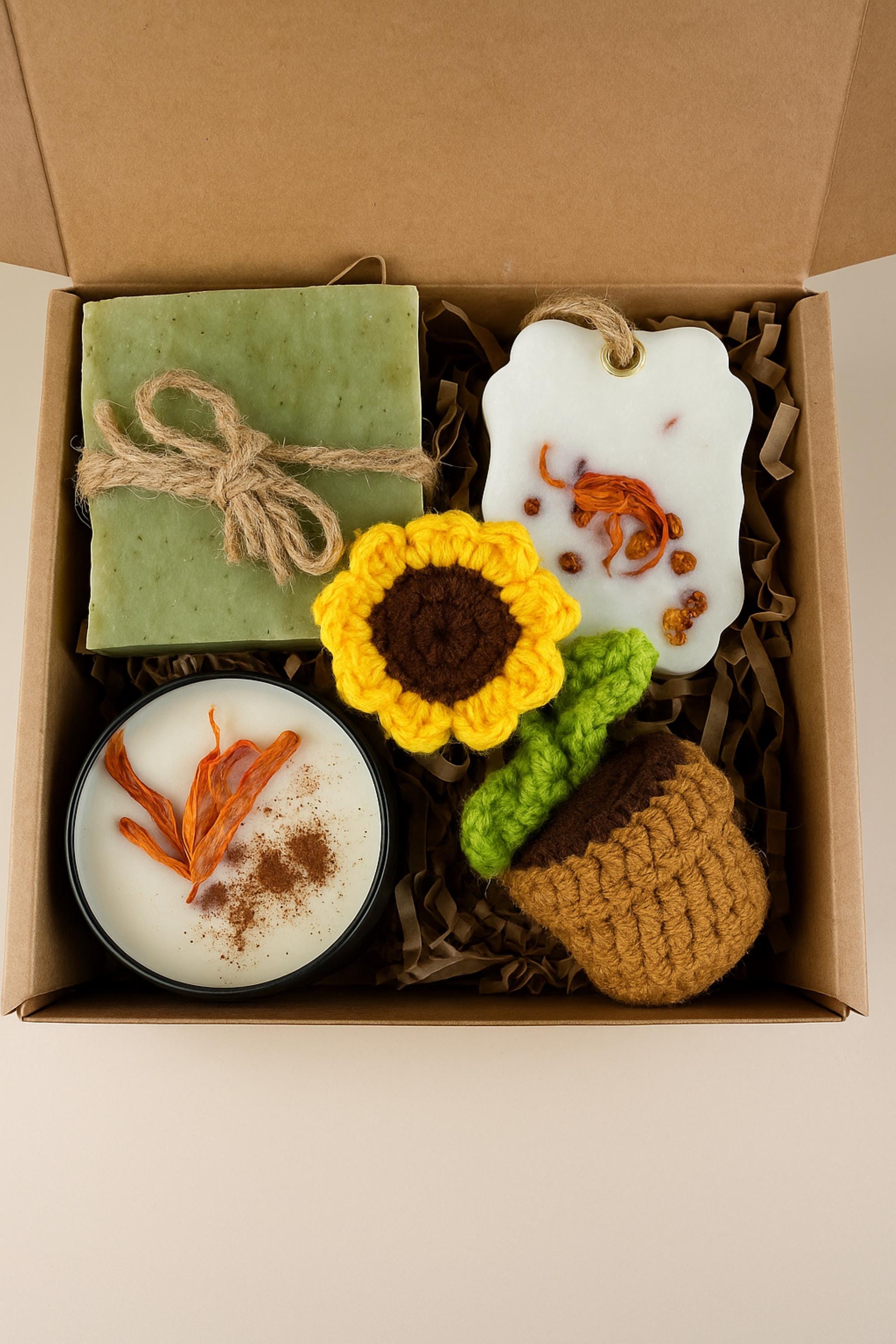 Cozy Gift Box, Hug in a Box, Handmade Soap Gift, Cozy Socks Gift, Bath Salt Gift Box, Self Care Package, Affordable Gift Set, Small Gift Box, Handmade in Florida, Crochet Flower Gift, Comfort Care Package, Spa Gift Box, housewarming gift box, new home spa gift, sunflower gift box, eco friendly housewarming, handmade soap gift, candle housewarming gift, new neighbor gift, cozy home gift set, spa gift new house