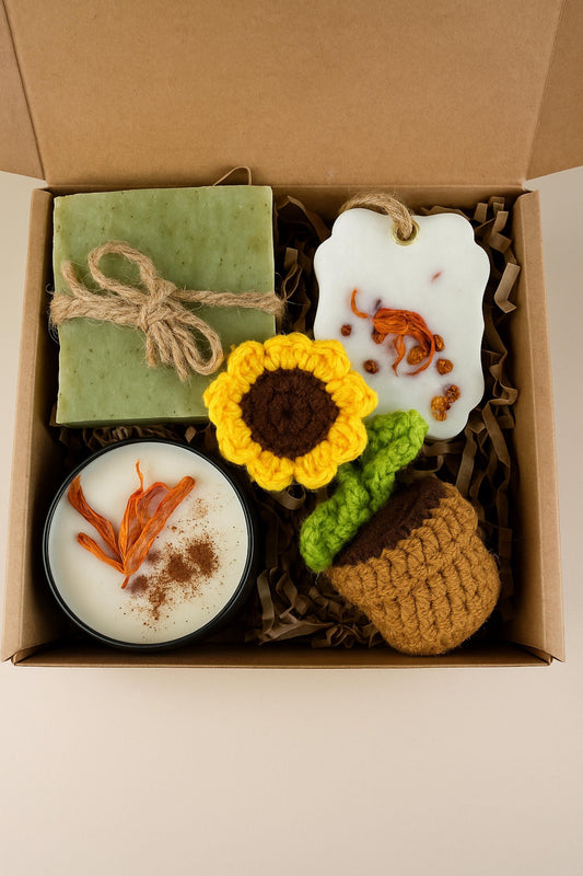 Cozy Gift Box, Hug in a Box, Handmade Soap Gift, Cozy Socks Gift, Bath Salt Gift Box, Self Care Package, Affordable Gift Set, Small Gift Box, Handmade in Florida, Crochet Flower Gift, Comfort Care Package, Spa Gift Box, housewarming gift box, new home spa gift, sunflower gift box, eco friendly housewarming, handmade soap gift, candle housewarming gift, new neighbor gift, cozy home gift set, spa gift new house