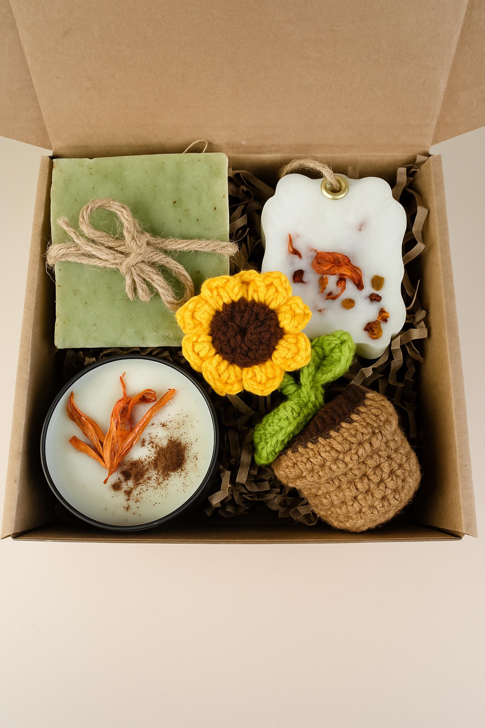 Cozy Gift Box, Hug in a Box, Handmade Soap Gift, Cozy Socks Gift, Bath Salt Gift Box, Self Care Package, Affordable Gift Set, Small Gift Box, Handmade in Florida, Crochet Flower Gift, Comfort Care Package, Spa Gift Box, get well soon gift, recovery care package, eco friendly self care box, handmade spa set, relaxing get well gift, sunflower comfort gift, stress relief spa box, self care recovery gift, wellness gift box