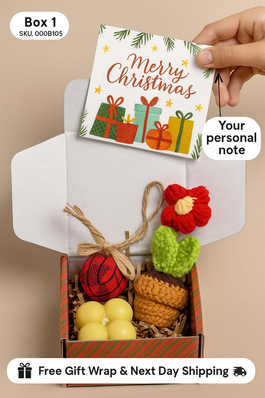 Mini Christmas Gift Box – Handmade Candle, Crochet Flower – Holiday Gift for Her, Small Christmas Decor Box, Cute Stocking Stuffer