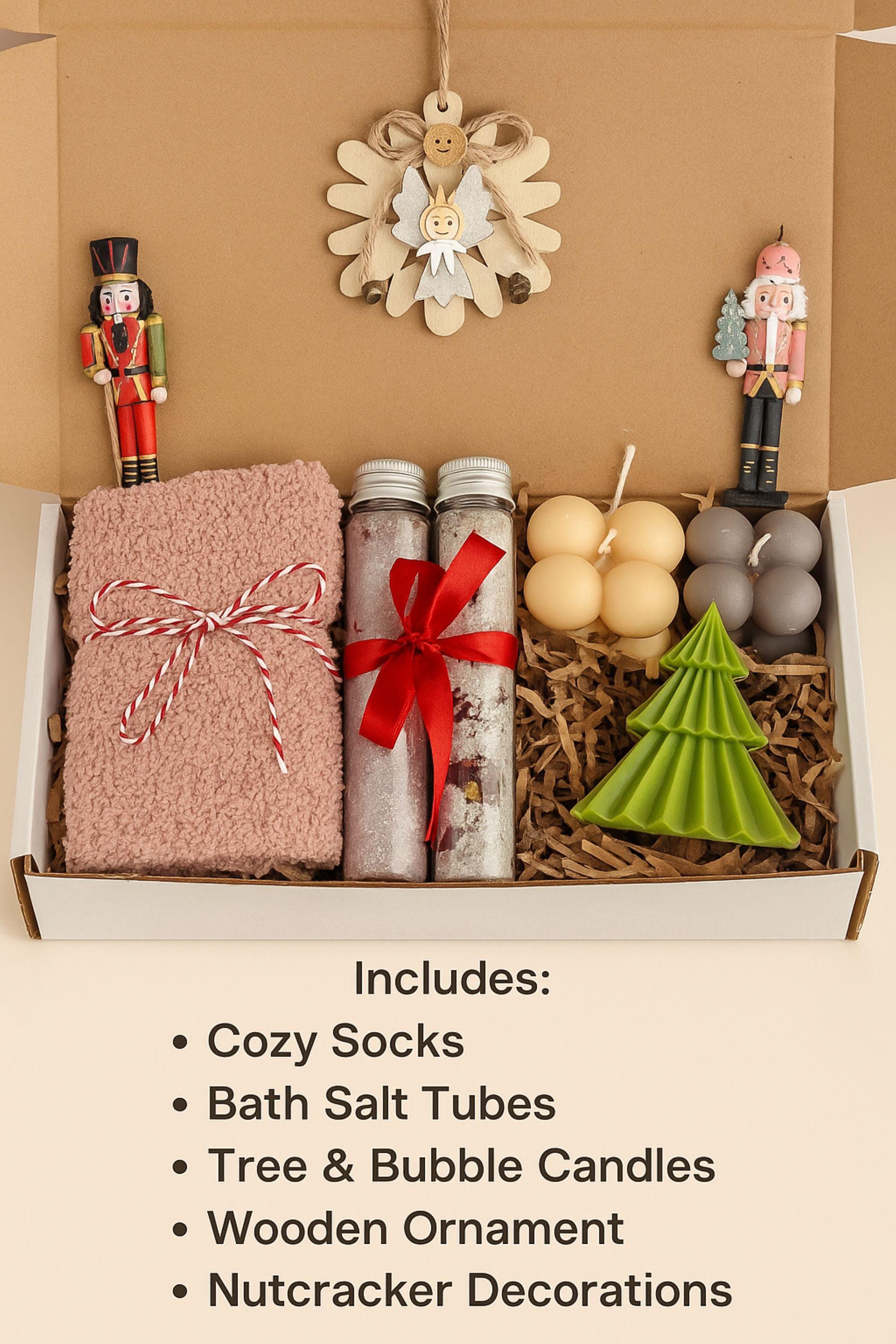 holiday spa gift, eco friendly Christmas gift, sunflower gift box, handmade holiday spa set, natural holiday self care, eco holiday box, spa Christmas gift, sunflower spa gift, holiday thank you box, Christmas gift box, Holiday self care set, Cozy spa gift, Socks candle gift, Bath salt tube set, Handmade soap box, Winter relaxation gift, Rustic Christmas decor, Cozy holiday gift for her, Christmas gift basket women, Handmade candle gift, Christmas pamper box, Lovella Gifts spa set