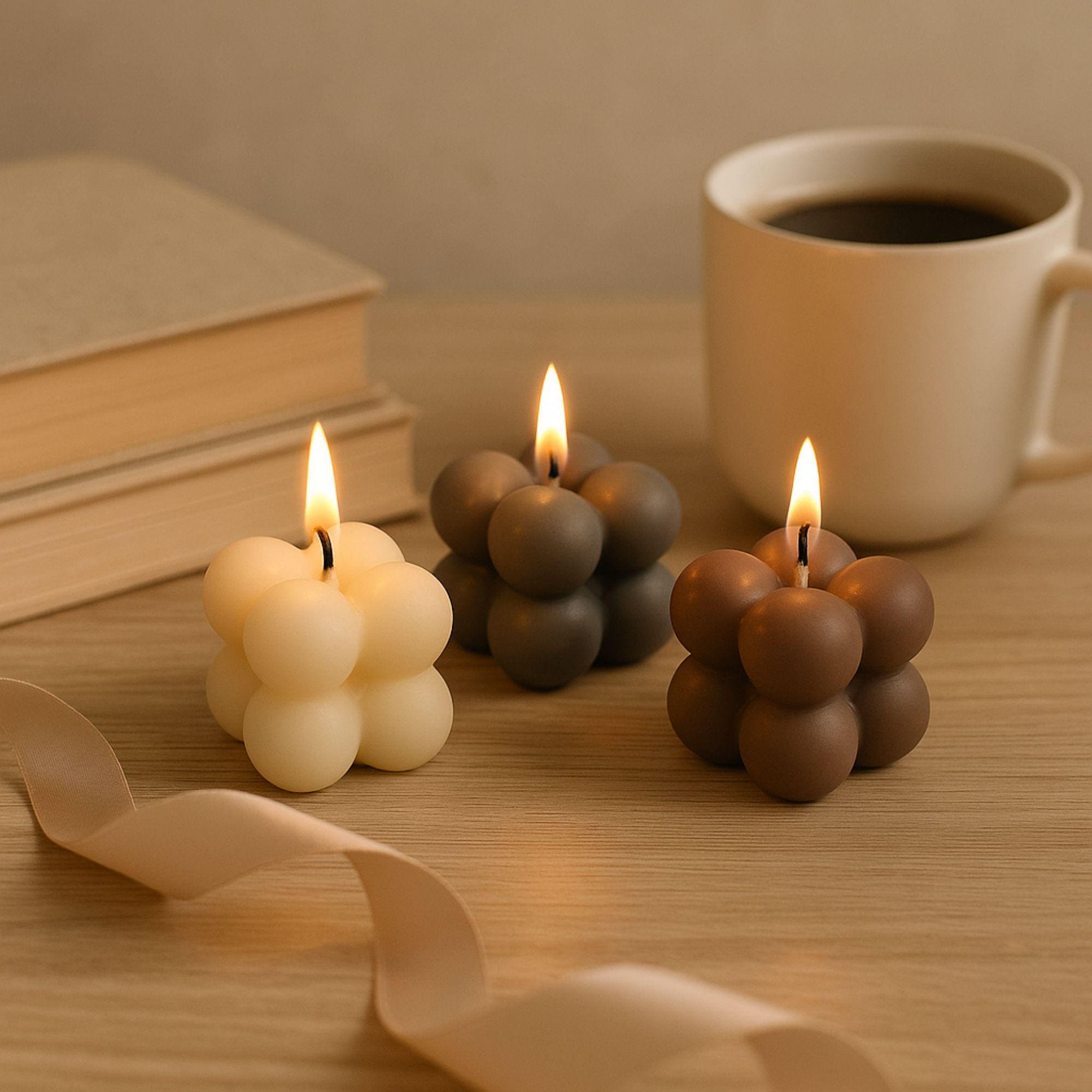 Open Christmas spa gift box with three bubble candles, two bath salts tubes, a green tree candle, rustic fabric ornaments, and a wooden Christmas tree decoration inside a kraft box with crinkle paper. Cozy holiday self-care set for women, handmade winter gift, small ready-to-gift Christmas box with candles, salts, and matchsticks.