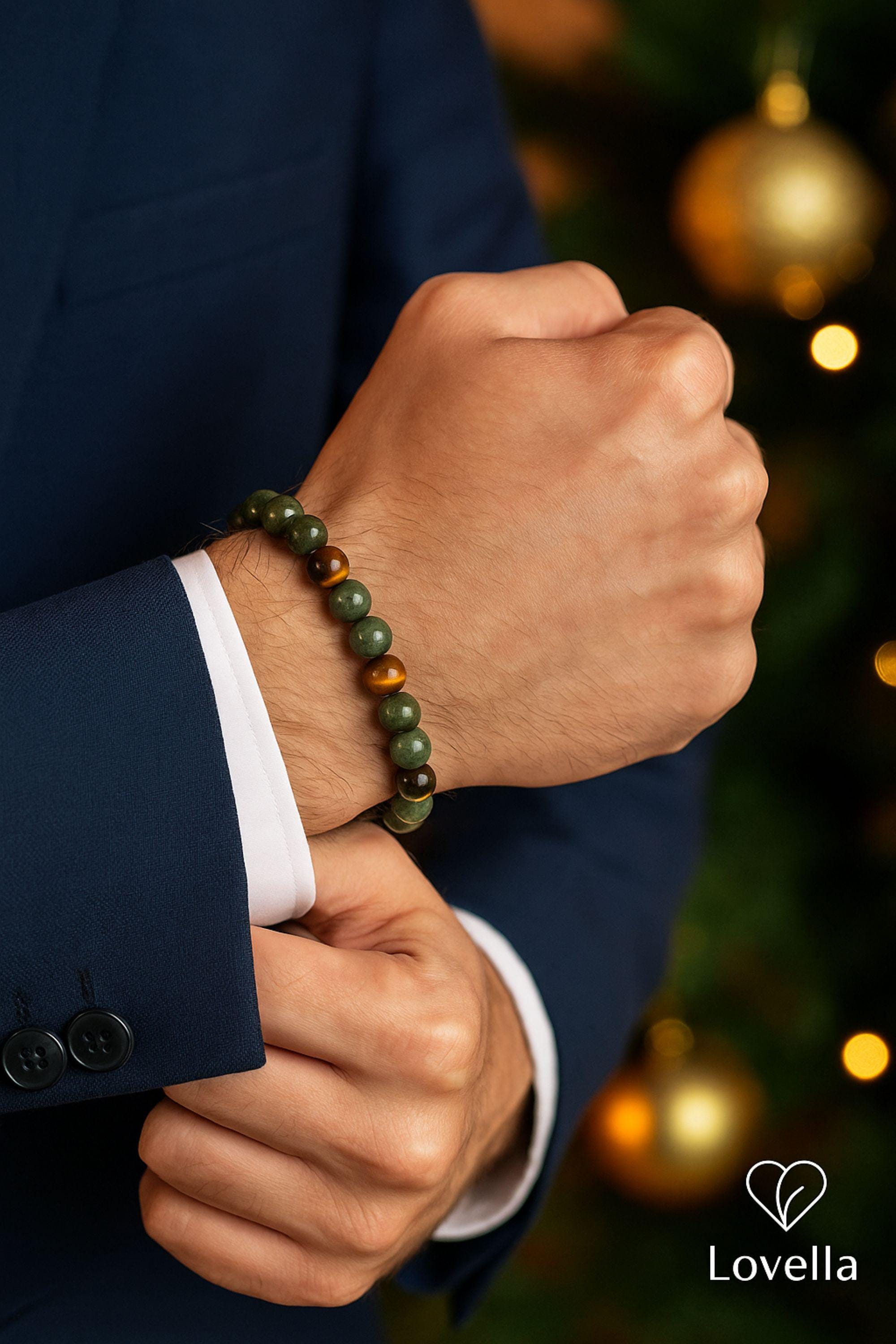 Christmas prosperity gift set for him featuring a money manifestation bracelet made with Tigers Eye, Jade, and black crystals, masculine spiritual jewelry in holiday gift box, success and abundance gift for men