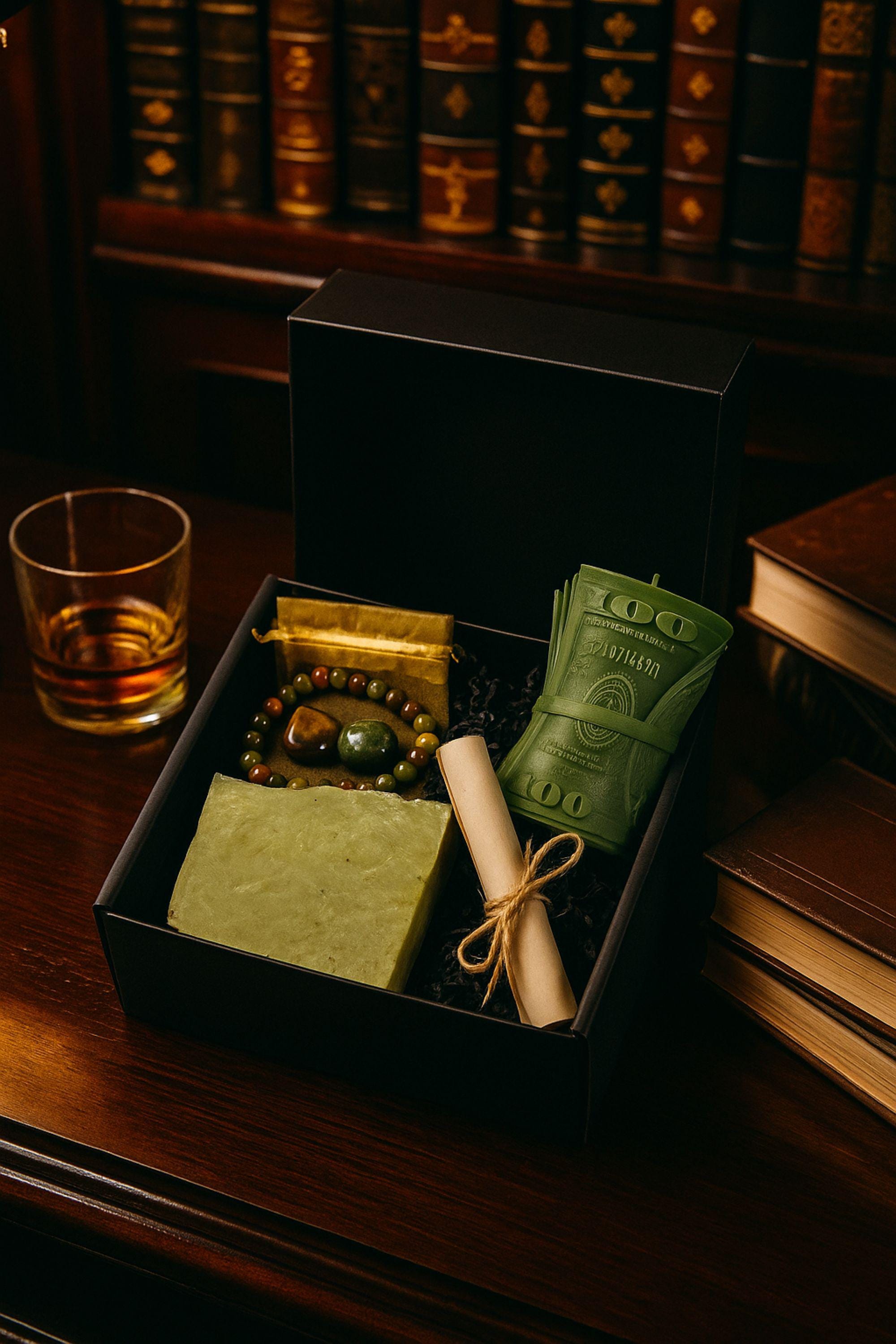Wealth manifestation gift set with crystal bracelet, tiger eye stone, green aventurine, prosperity candle, handmade soap and intention scroll in black gift box, spiritual abundance ritual kit for attracting money success and positive energy, law of attraction gift for her or him, meaningful crystal gift set for manifestation and personal growth