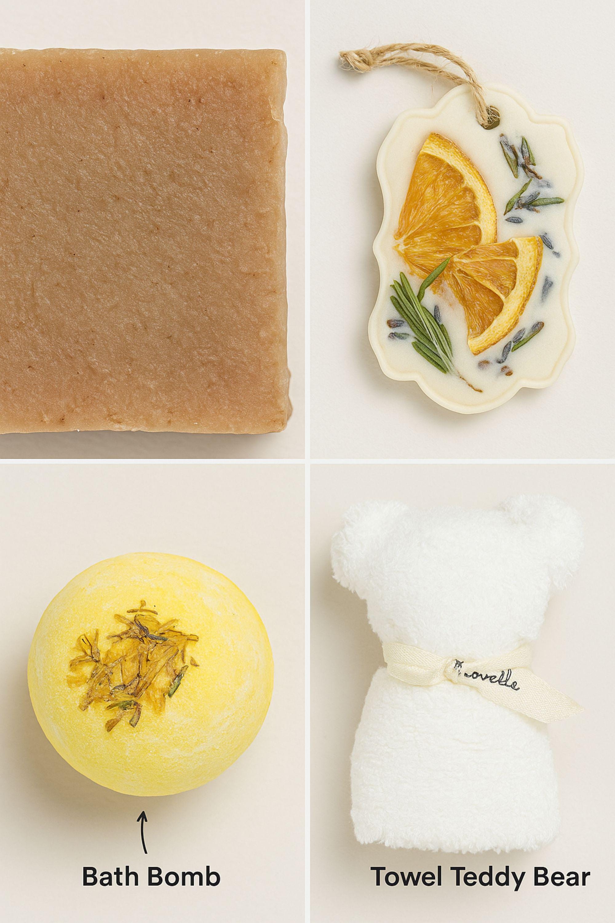 Christmas spa gift box for her with handmade soap, yellow bath bomb, citrus wax sachet, towel teddy bear, angel ornament, and aromatic bath salts. Cozy holiday self-care package for women, small Christmas gift, Secret Santa spa set, relaxation and pampering box for winter stress relief.