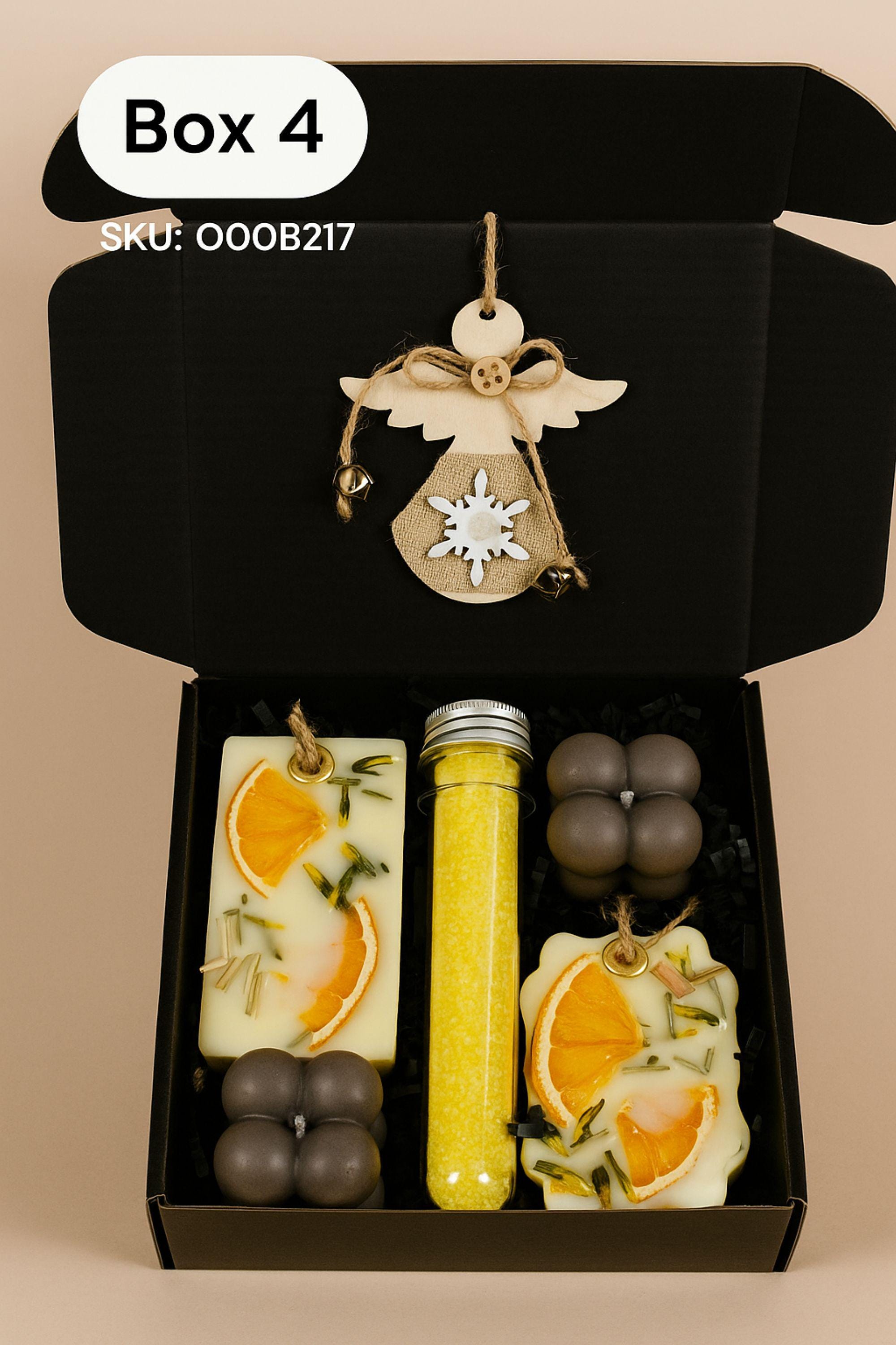 Christmas spa gift box for her with handmade soap, yellow bath bomb, citrus wax sachet, towel teddy bear, angel ornament, and aromatic bath salts. Cozy holiday self-care package for women, small Christmas gift, Secret Santa spa set, relaxation and pampering box for winter stress relief.