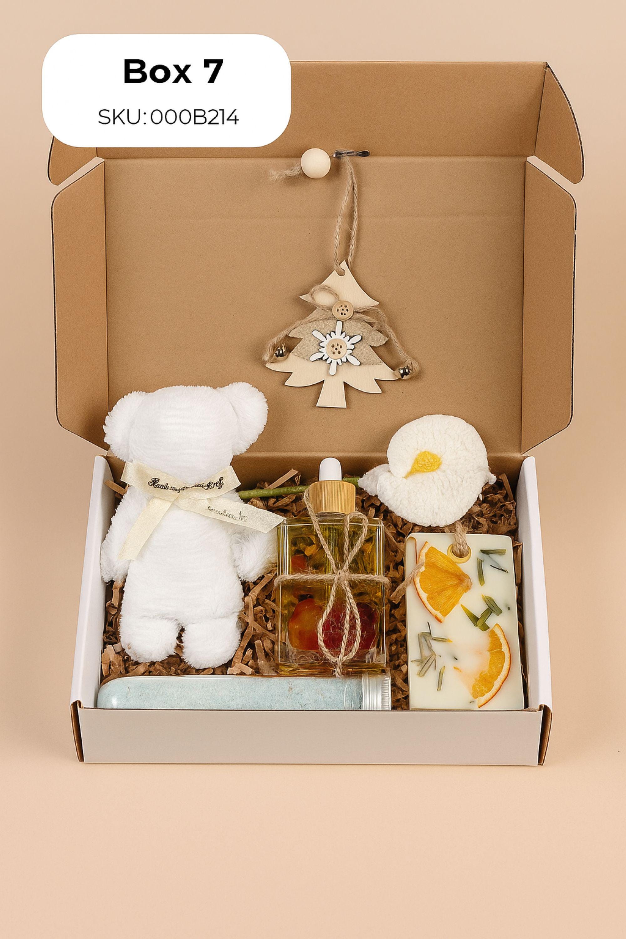 Christmas spa gift box for her with handmade soap, yellow bath bomb, citrus wax sachet, towel teddy bear, angel ornament, and aromatic bath salts. Cozy holiday self-care package for women, small Christmas gift, Secret Santa spa set, relaxation and pampering box for winter stress relief.