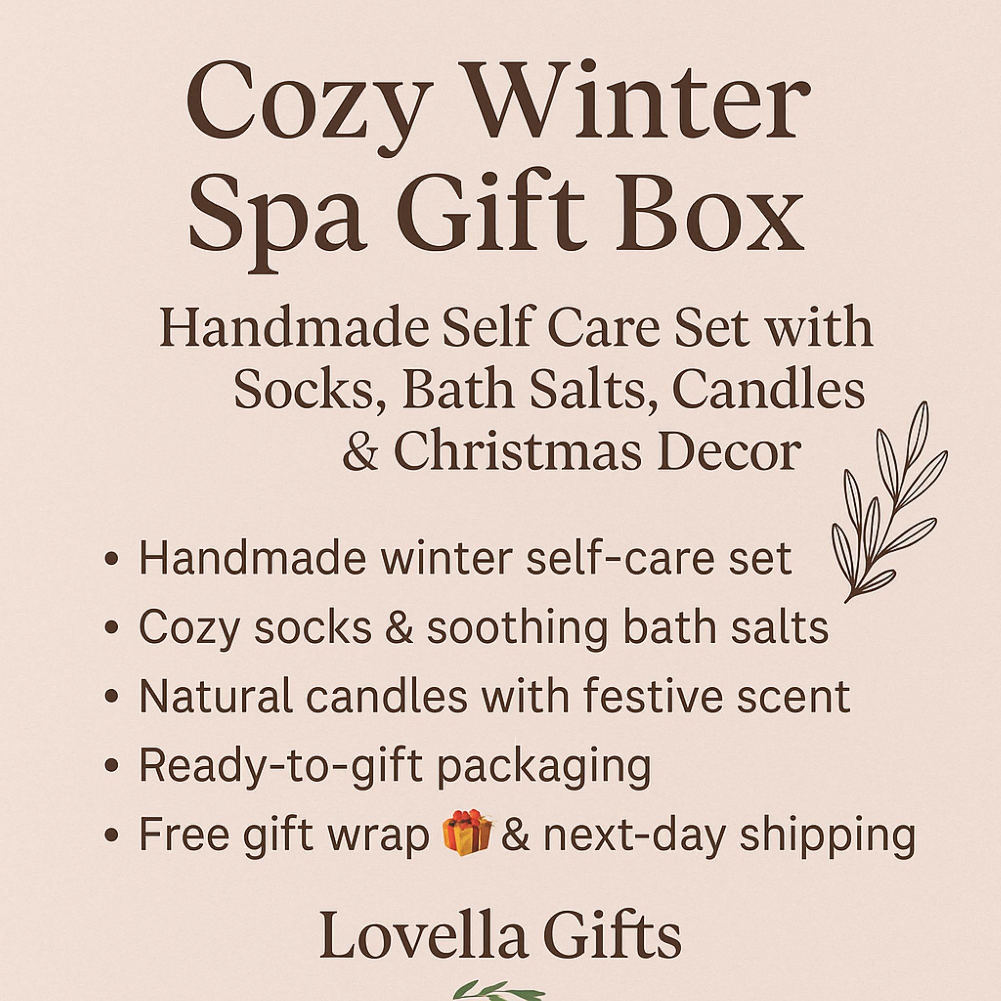 holiday spa gift, eco friendly Christmas gift, sunflower gift box, handmade holiday spa set, natural holiday self care, eco holiday box, spa Christmas gift, sunflower spa gift, holiday thank you box, Christmas gift box, Holiday self care set, Cozy spa gift, Socks candle gift, Bath salt tube set, Handmade soap box, Winter relaxation gift, Rustic Christmas decor, Cozy holiday gift for her, Christmas gift basket women, Handmade candle gift, Christmas pamper box, Lovella Gifts spa set