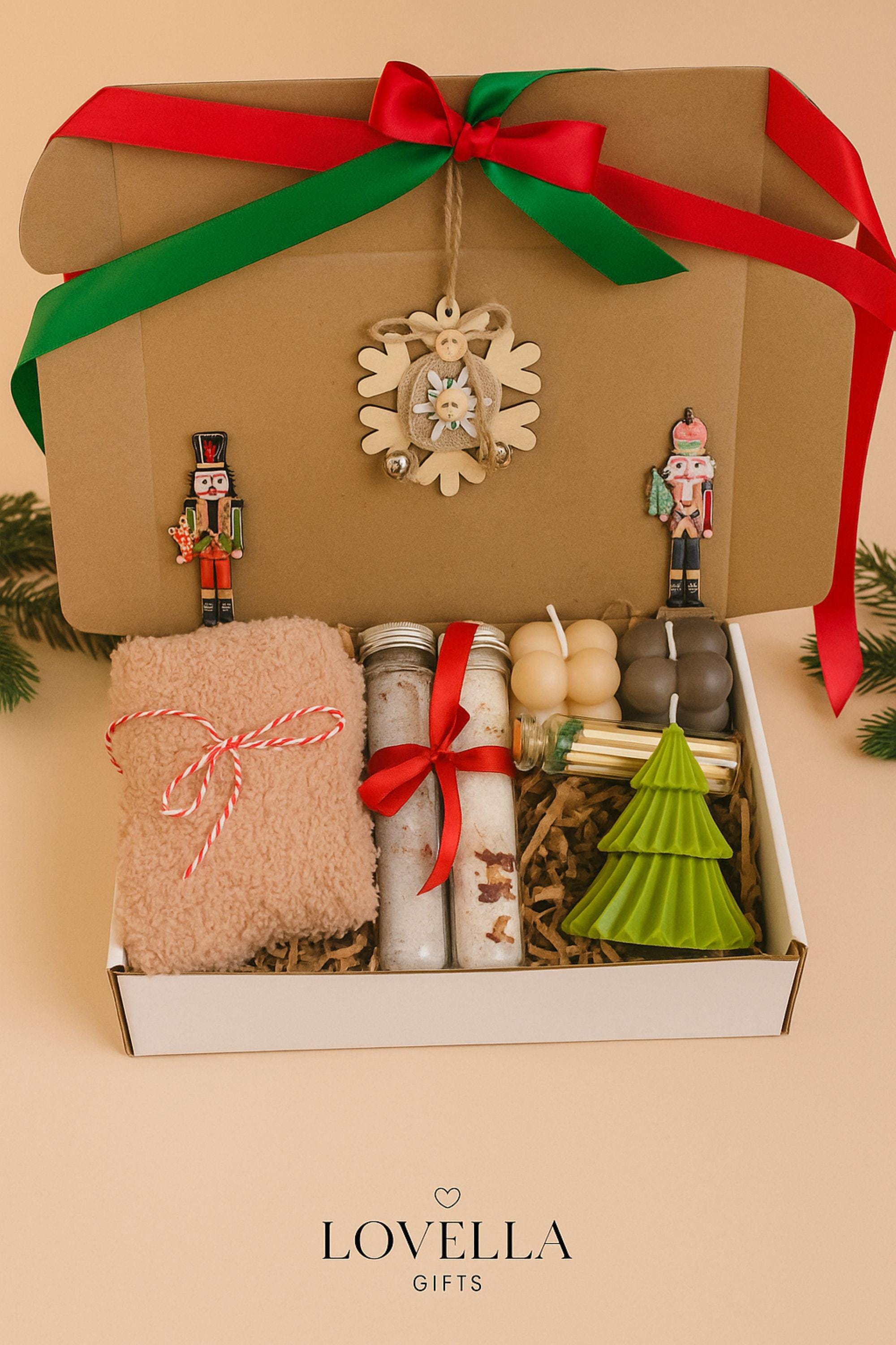holiday spa gift, eco friendly Christmas gift, sunflower gift box, handmade holiday spa set, natural holiday self care, eco holiday box, spa Christmas gift, sunflower spa gift, holiday thank you box, Christmas gift box, Holiday self care set, Cozy spa gift, Socks candle gift, Bath salt tube set, Handmade soap box, Winter relaxation gift, Rustic Christmas decor, Cozy holiday gift for her, Christmas gift basket women, Handmade candle gift, Christmas pamper box, Lovella Gifts spa set
