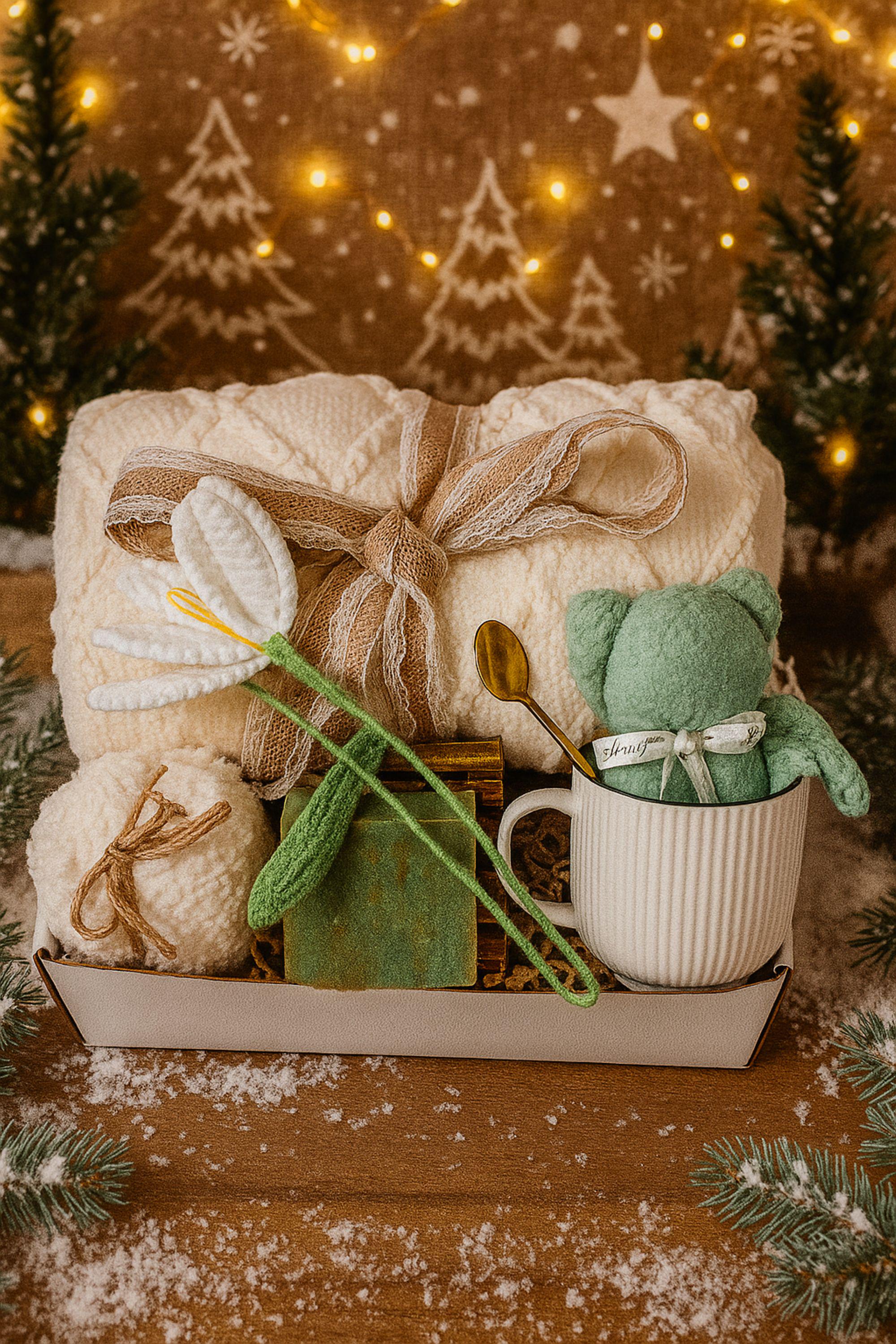 Christmas cozy spa gift box with white blanket tied in lace ribbon, crochet tulip, white ceramic mug with crochet bear, handmade green soap on bamboo tray, gold spoon, and spa puff arranged in a gift box with crinkle paper. Holiday comfort and relaxation gift for women.