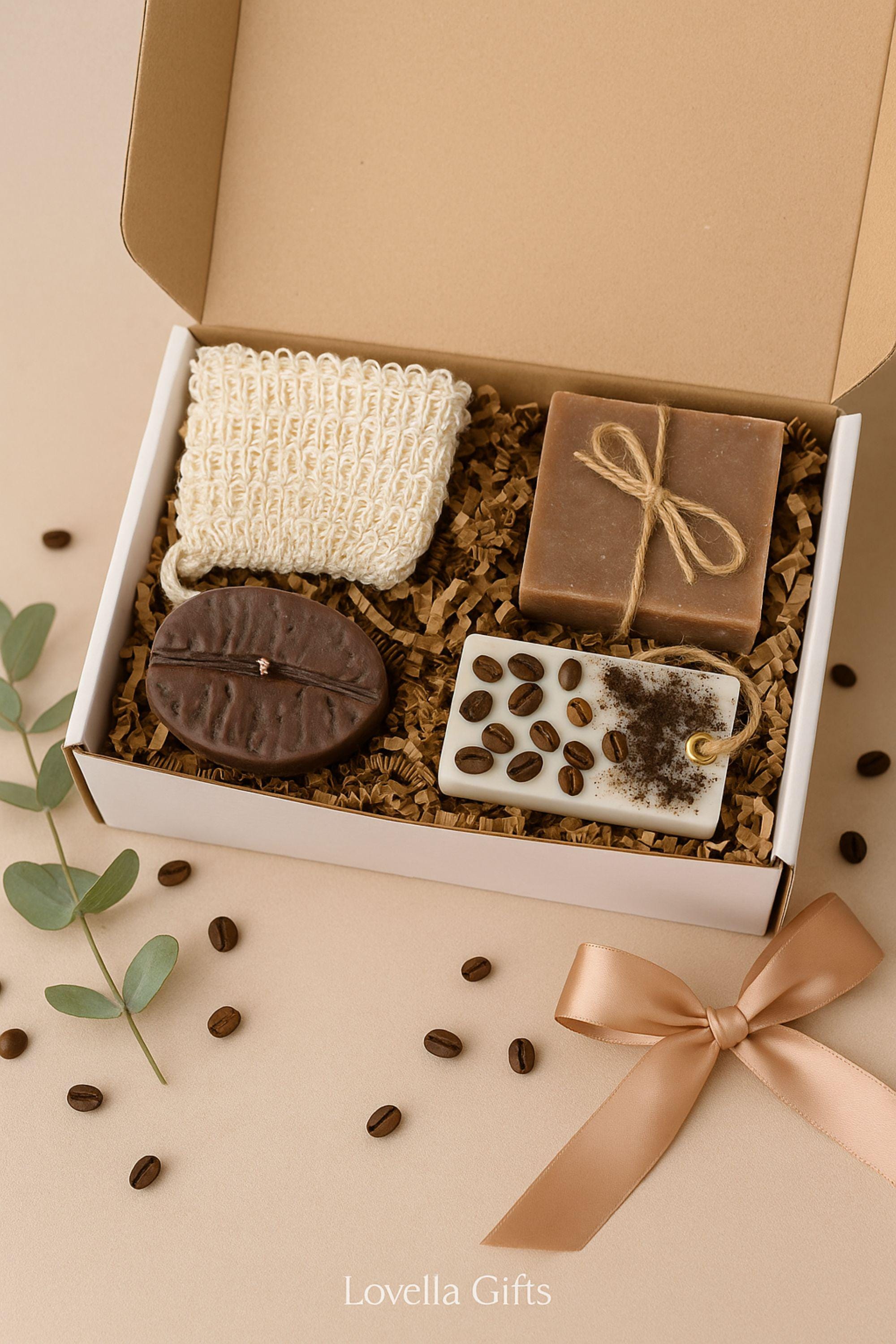 Handmade Coffee Lovers Gift Box with coffee-bean shaped candle, natural soap with soap bag, and a coffee-scented sachet. Cozy mini spa gift set for women, perfect for birthdays, thank-you gifts, relaxation, and coffee lovers. Beautifully arranged in a gift box, ready to send.