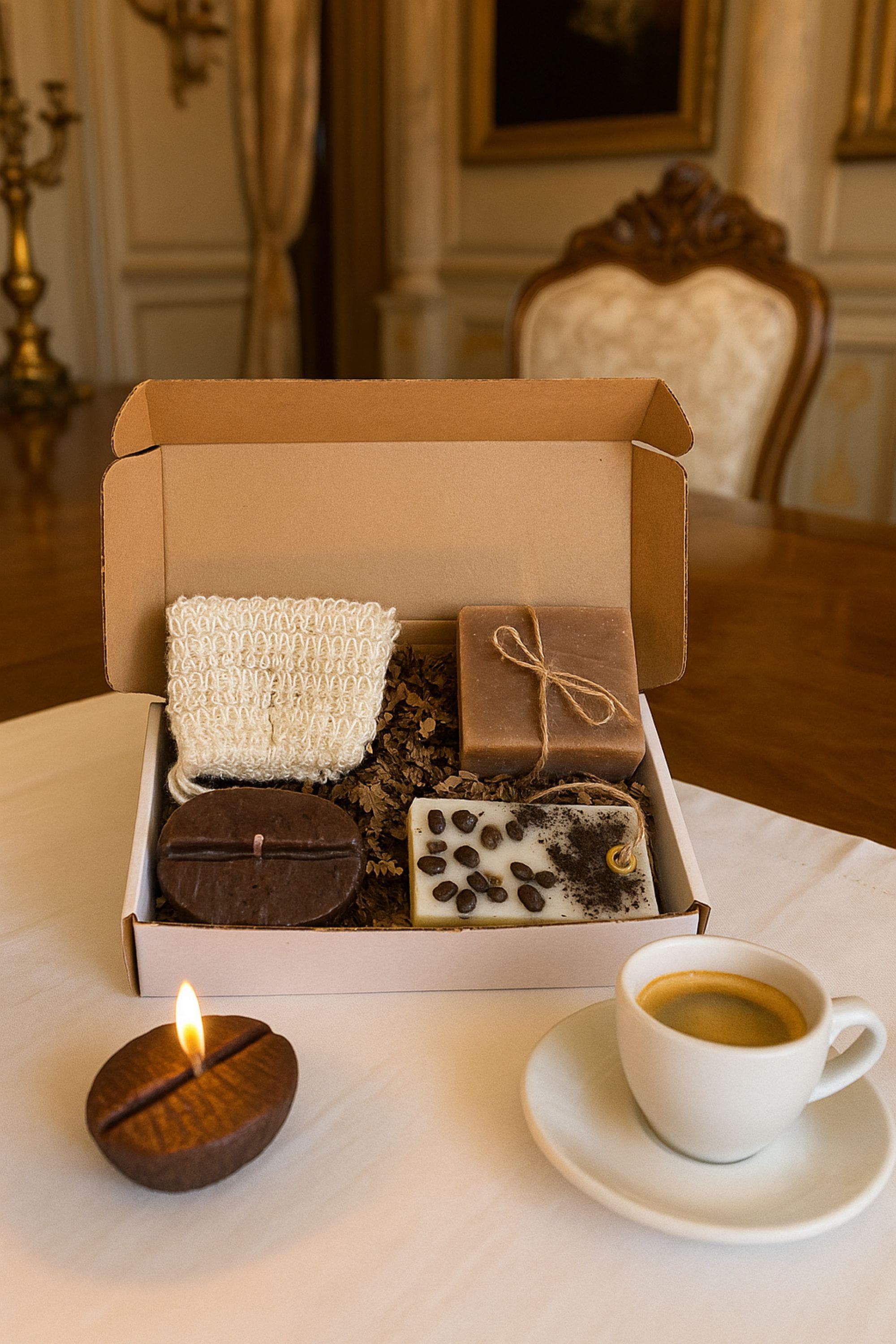 mothers day coffee lover gift box for mom cozy care package with coffee bean candle coffee wax sachet handmade soap soap bag coffee themed self care gift for women relaxation spa gift set thoughtful gift for mom who loves coffee unique coffee gift box ready to gift cozy aesthetic pamper gift for her coffee lover present