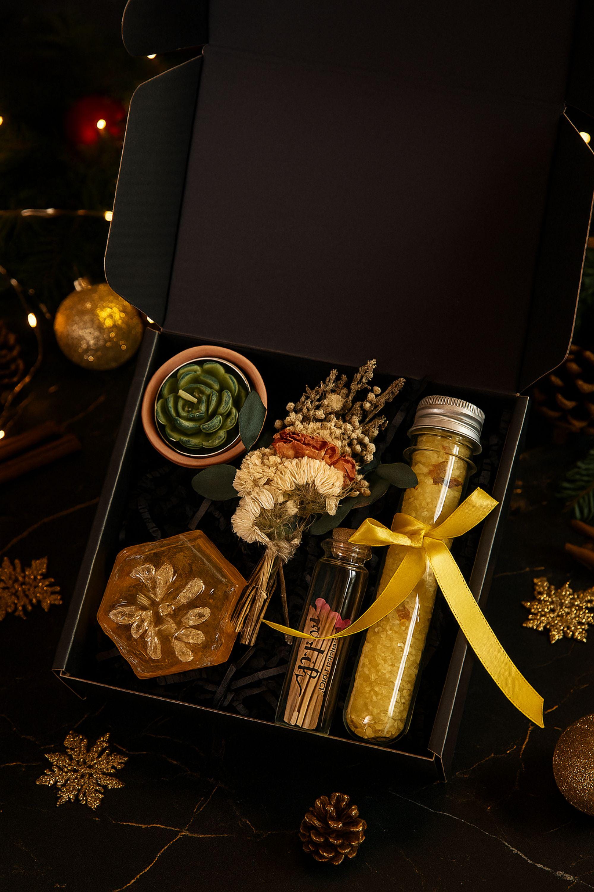 Christmas spa gift box with cozy blanket, handmade candle, natural soap, festive holiday packaging and self-care items, relaxation gift set for women, winter comfort box for Christmas gifting
