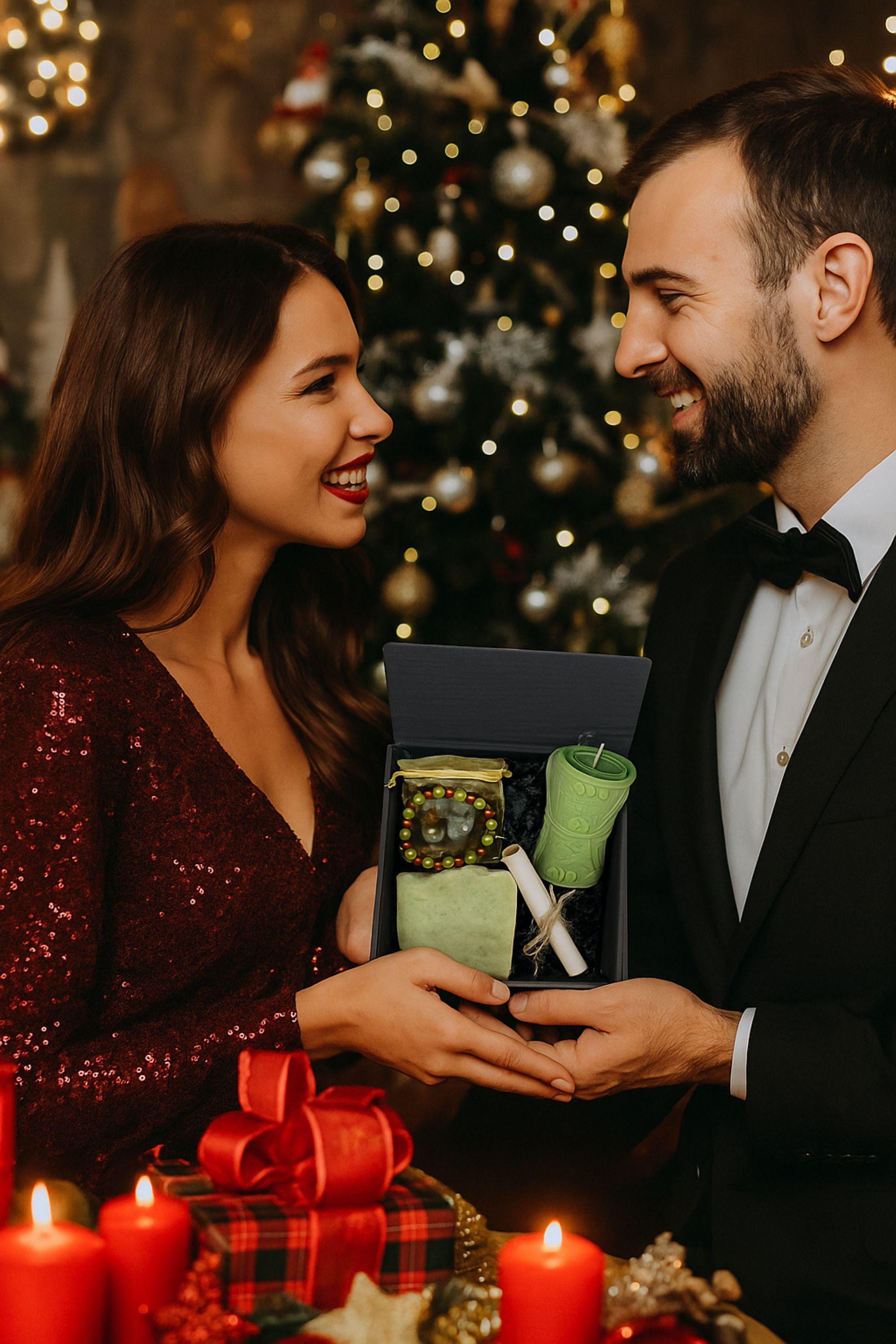 Christmas prosperity gift set for him featuring a money manifestation bracelet made with Tigers Eye, Jade, and black crystals, masculine spiritual jewelry in holiday gift box, success and abundance gift for men