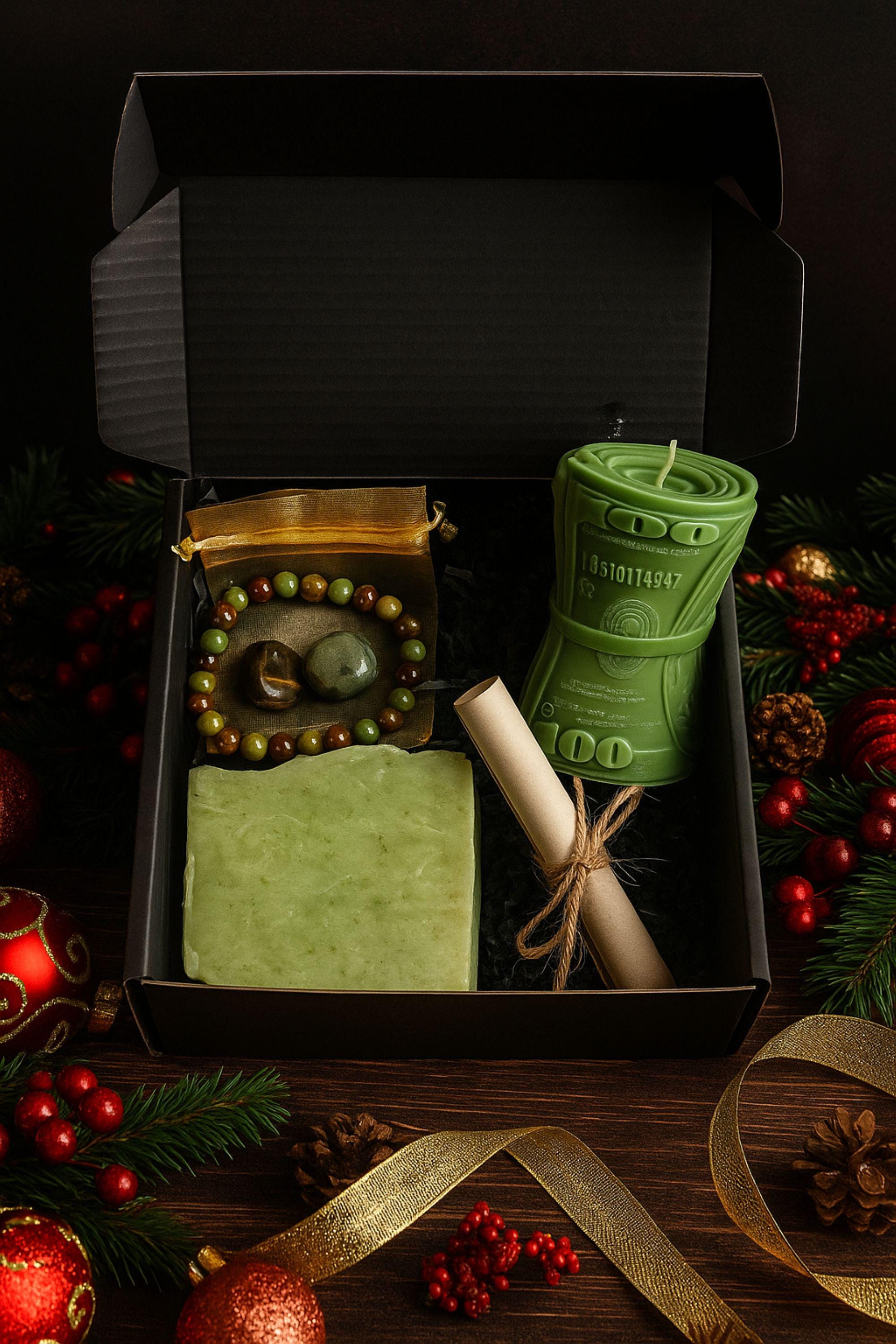 Christmas prosperity gift set for him featuring a money manifestation bracelet made with Tigers Eye, Jade, and black crystals, masculine spiritual jewelry in holiday gift box, success and abundance gift for men