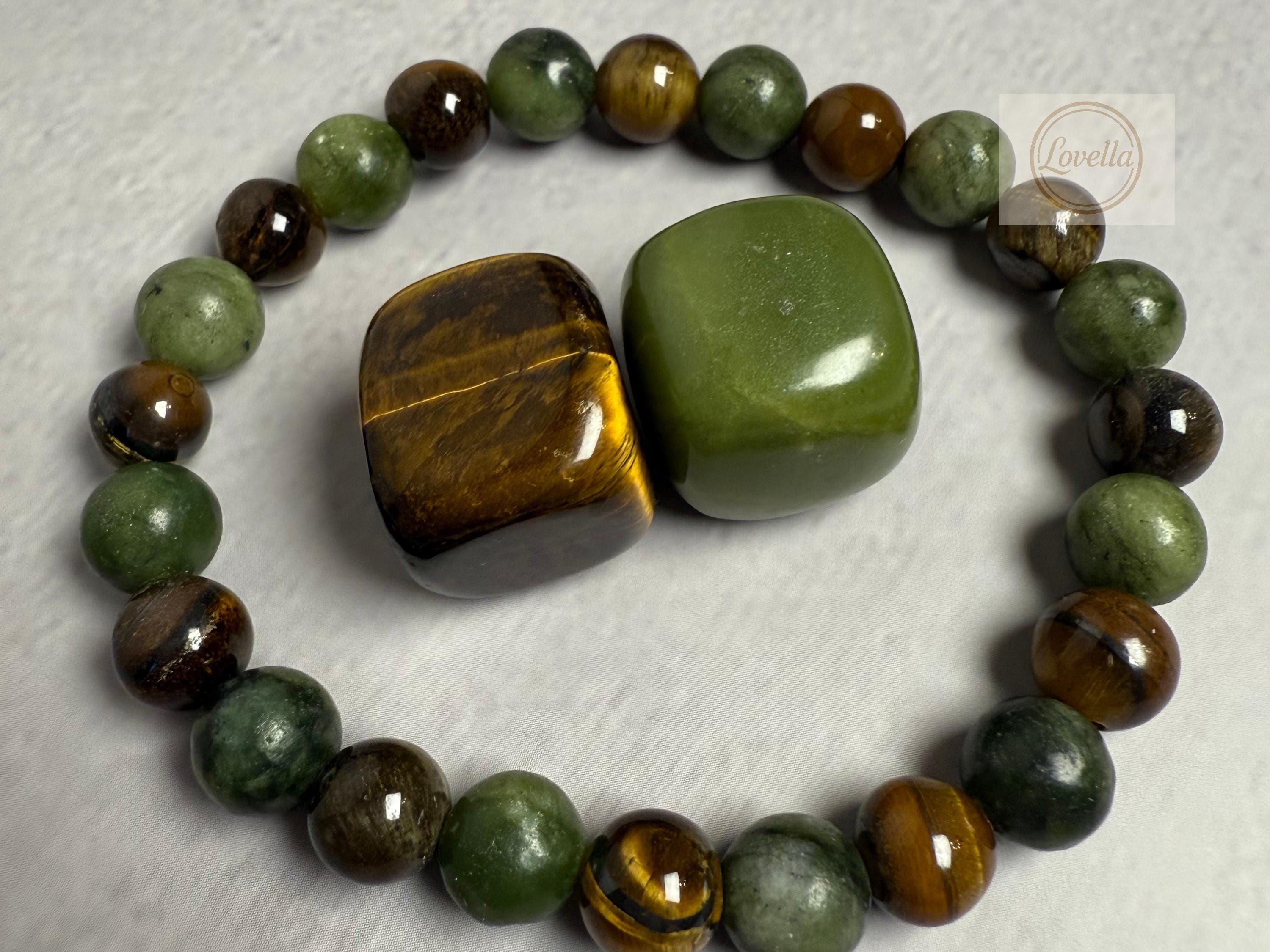 Christmas prosperity gift set for him featuring a money manifestation bracelet made with Tigers Eye, Jade, and black crystals, masculine spiritual jewelry in holiday gift box, success and abundance gift for men
