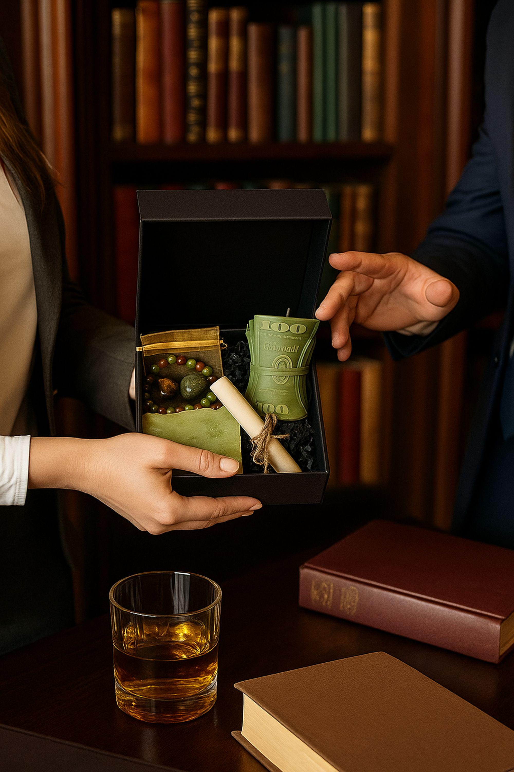 Wealth manifestation gift set with crystal bracelet, tiger eye stone, green aventurine, prosperity candle, handmade soap and intention scroll in black gift box, spiritual abundance ritual kit for attracting money success and positive energy, law of attraction gift for her or him, meaningful crystal gift set for manifestation and personal growth