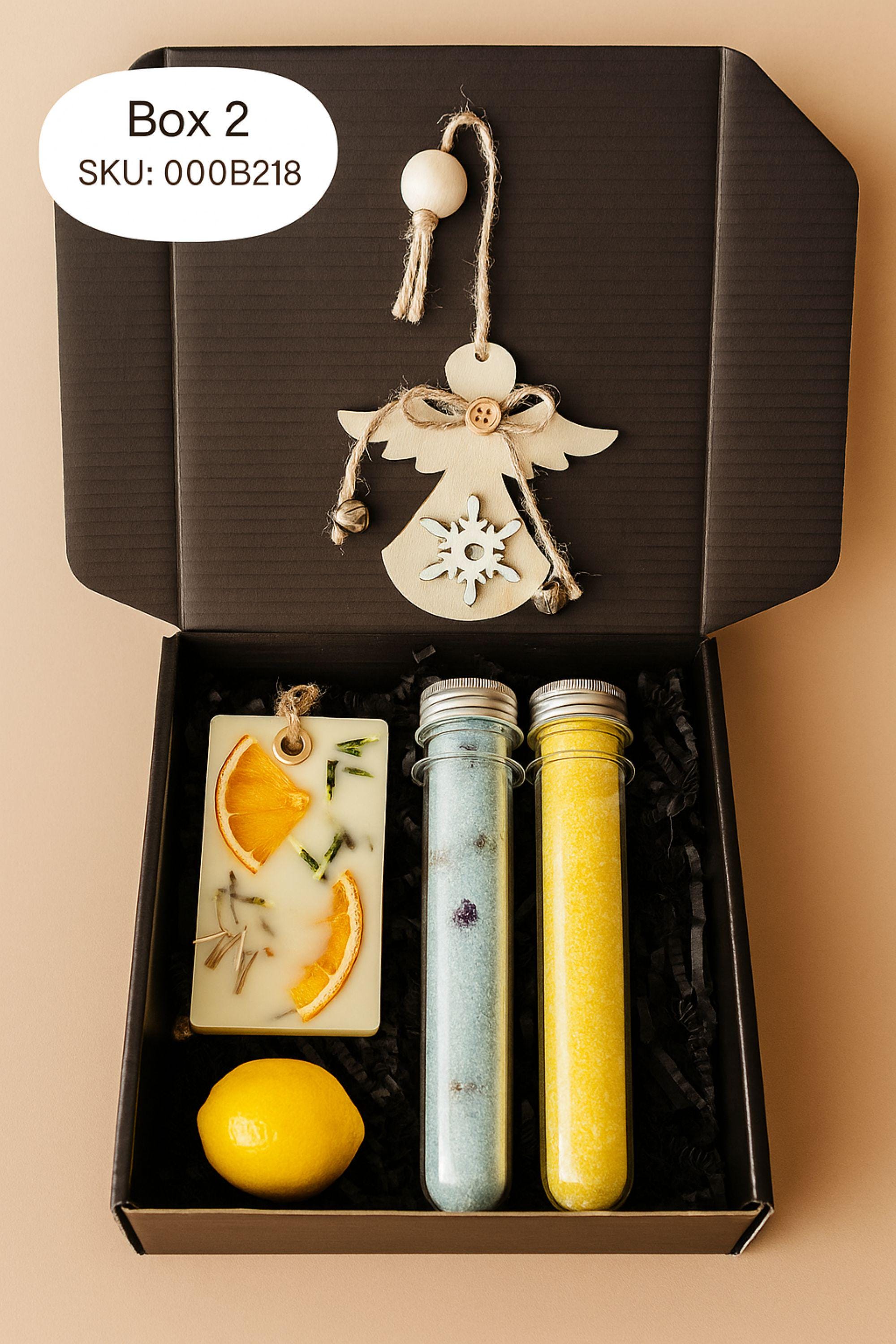 Christmas spa gift box for her with handmade soap, yellow bath bomb, citrus wax sachet, towel teddy bear, angel ornament, and aromatic bath salts. Cozy holiday self-care package for women, small Christmas gift, Secret Santa spa set, relaxation and pampering box for winter stress relief.