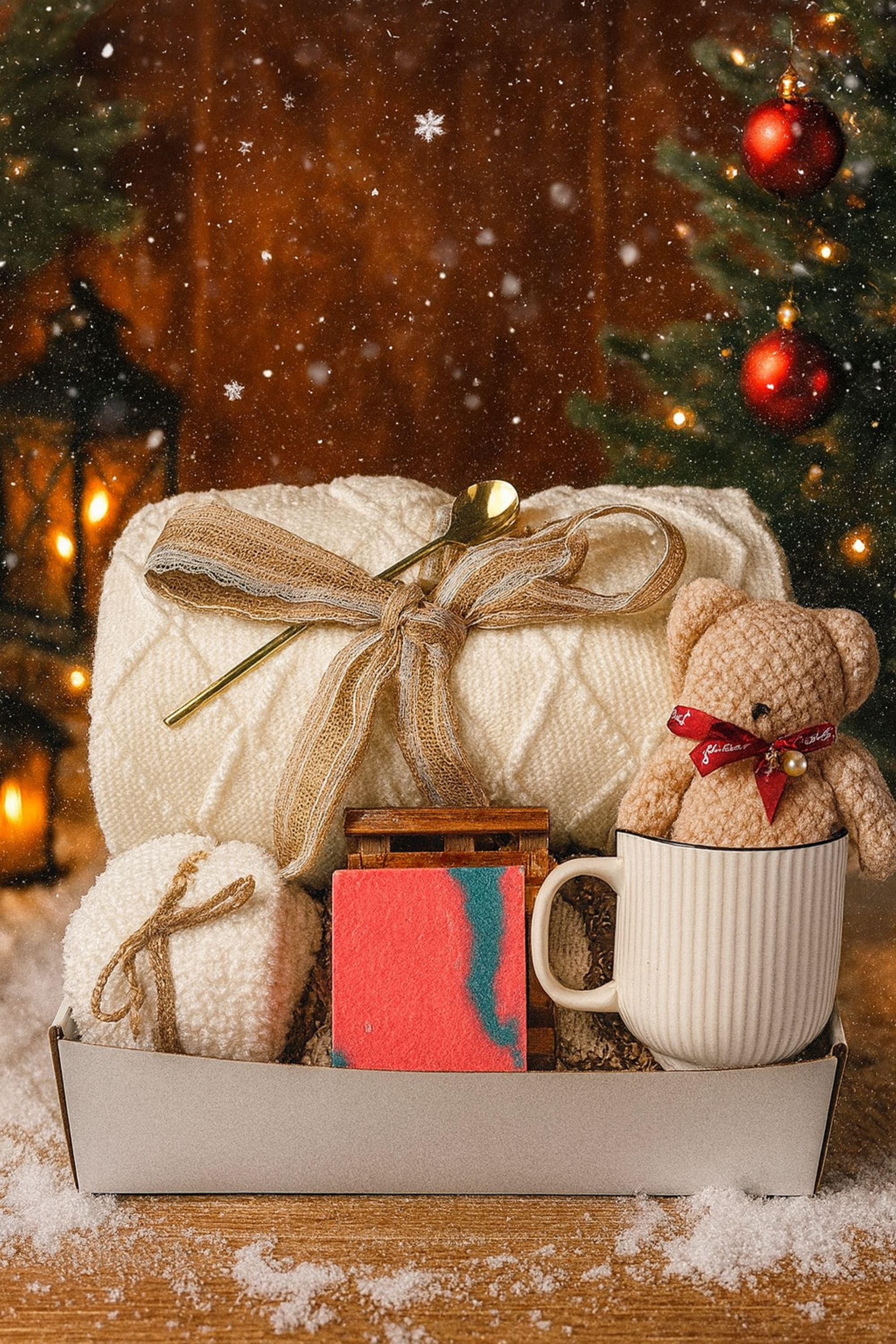 Winter self-care gift box featuring a cozy white blanket with ribbon, a teddy-bear-shaped washcloth, handmade pink and blue soap on a wooden tray, and a soft crocheted bear sitting in a white mug. Displayed on a rustic wood surface with snowy accents, this cozy winter spa set makes a thoughtful holiday comfort gift, pamper box, relaxation present, or get-well care package for women.