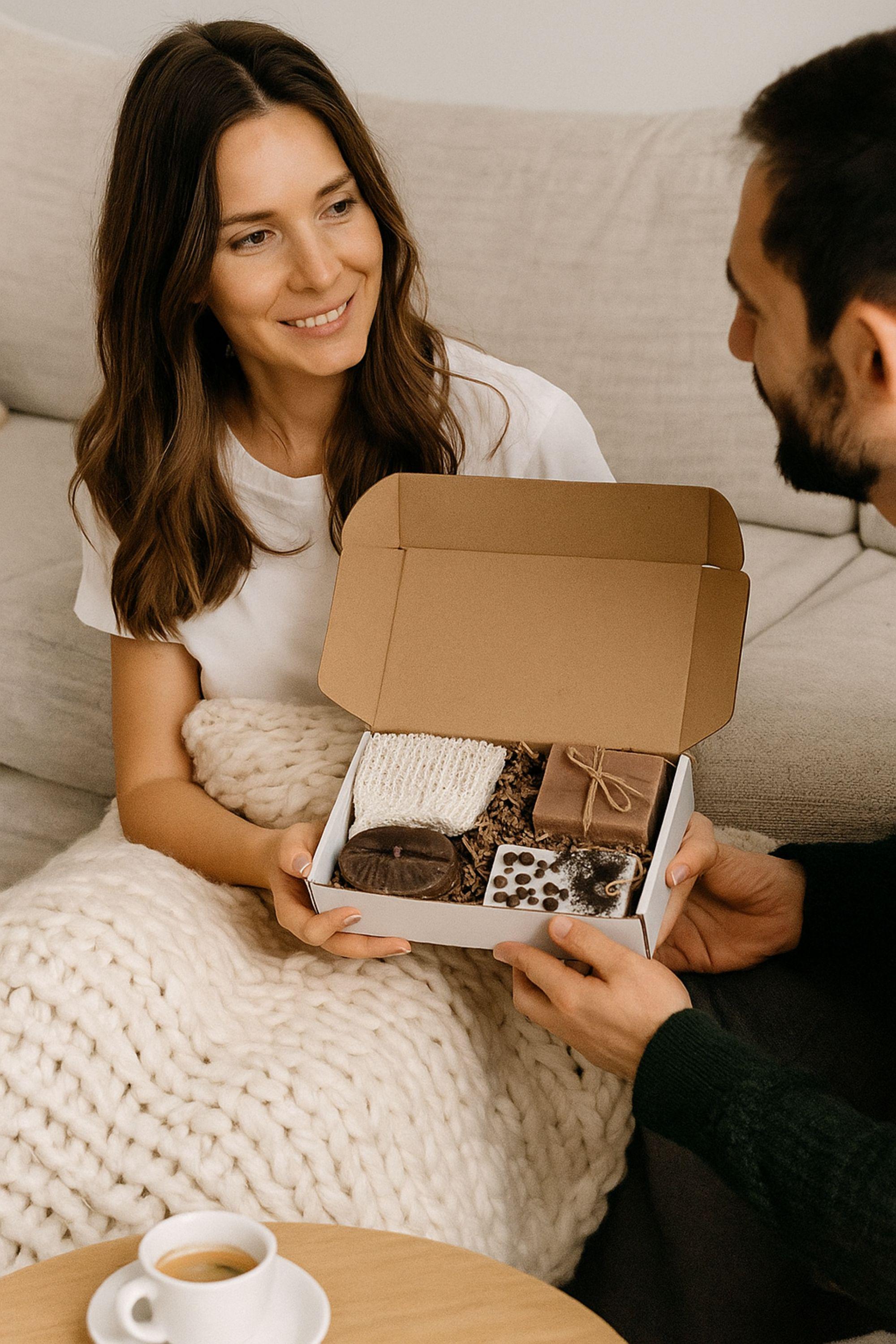 Handmade Coffee Lovers Gift Box with coffee-bean shaped candle, natural soap with soap bag, and a coffee-scented sachet. Cozy mini spa gift set for women, perfect for birthdays, thank-you gifts, relaxation, and coffee lovers. Beautifully arranged in a gift box, ready to send.