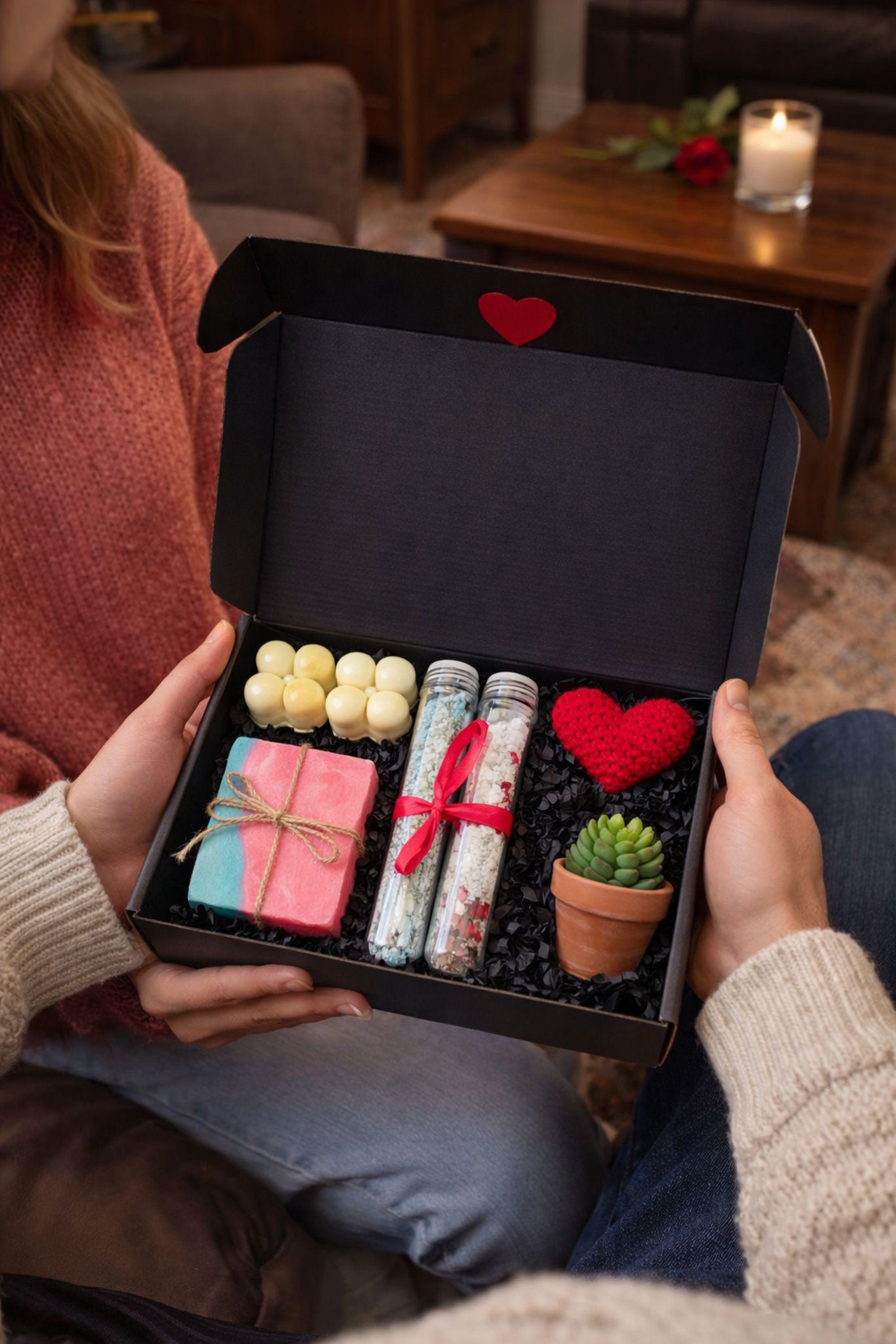 Self love Valentine spa gift box featuring two handmade bubble candles, artisan soap tied with twine, bath salts in glass tubes with ribbon, a crochet heart, and a decorative succulent in a gift box with shredded paper filler. Neutral and calming self care gift for women, ready to gift for Valentine’s Day, self love, thinking of you, or just because occasions. Handmade spa gift with cozy aesthetic.